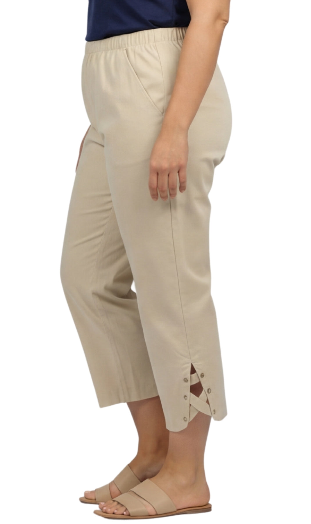 Women's Capris with Studded Hem Detail in Tri-Blend Denim and Twill with Angled side Pockets 12