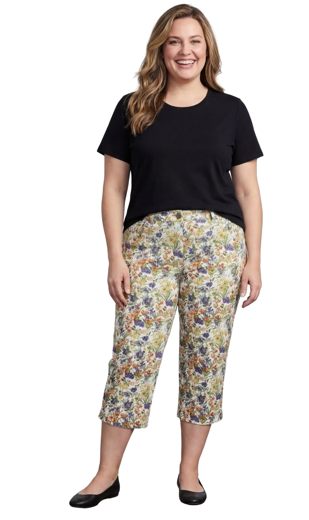Turtle Bay New York Women's Casual Botanical Bloom Capri Pants with Front Pockets and A Consealed Zipper Multi Floral full