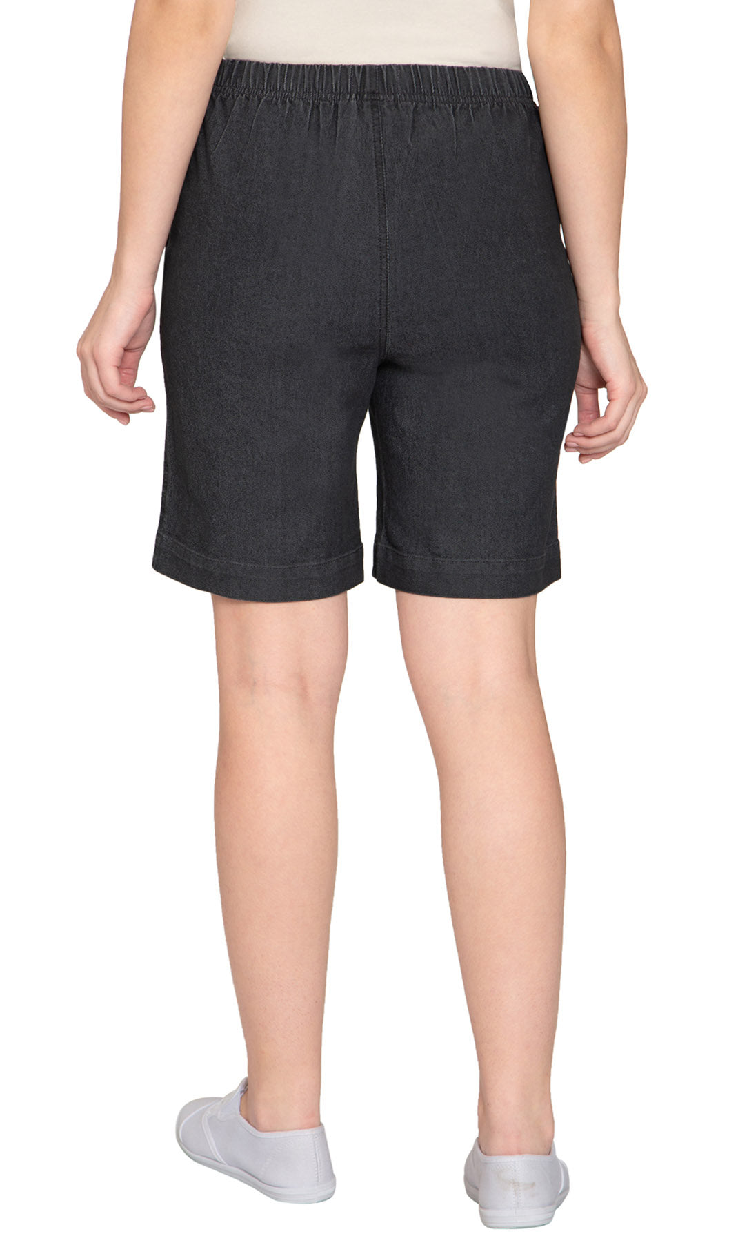 Women's Pull On Denim Shorts ÔÇô Stretch Waist Frees You from Binding Zippers and Buttons - Black - Back - TURTLE BAY APPAREL