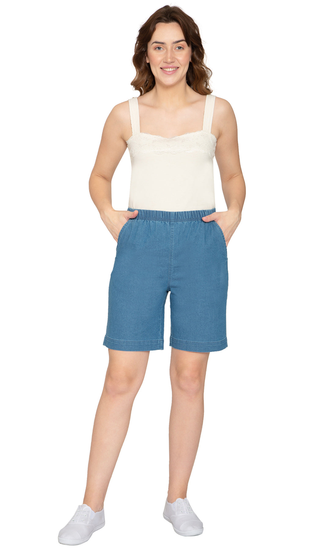 Women's Pull On Denim Shorts ÔÇô Stretch Waist Frees You from Binding Zippers and Buttons - Chambray- Full - TURTLE BAY APPAREL