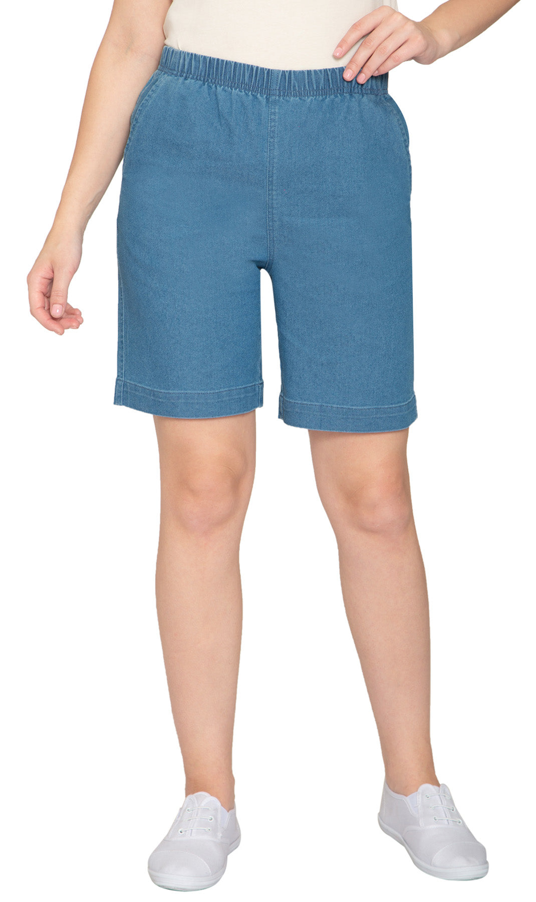 Women's Pull On Denim Shorts ÔÇô Stretch Waist Frees You from Binding Zippers and Buttons - Chambray - FRont - TURTLE BAY APPAREL