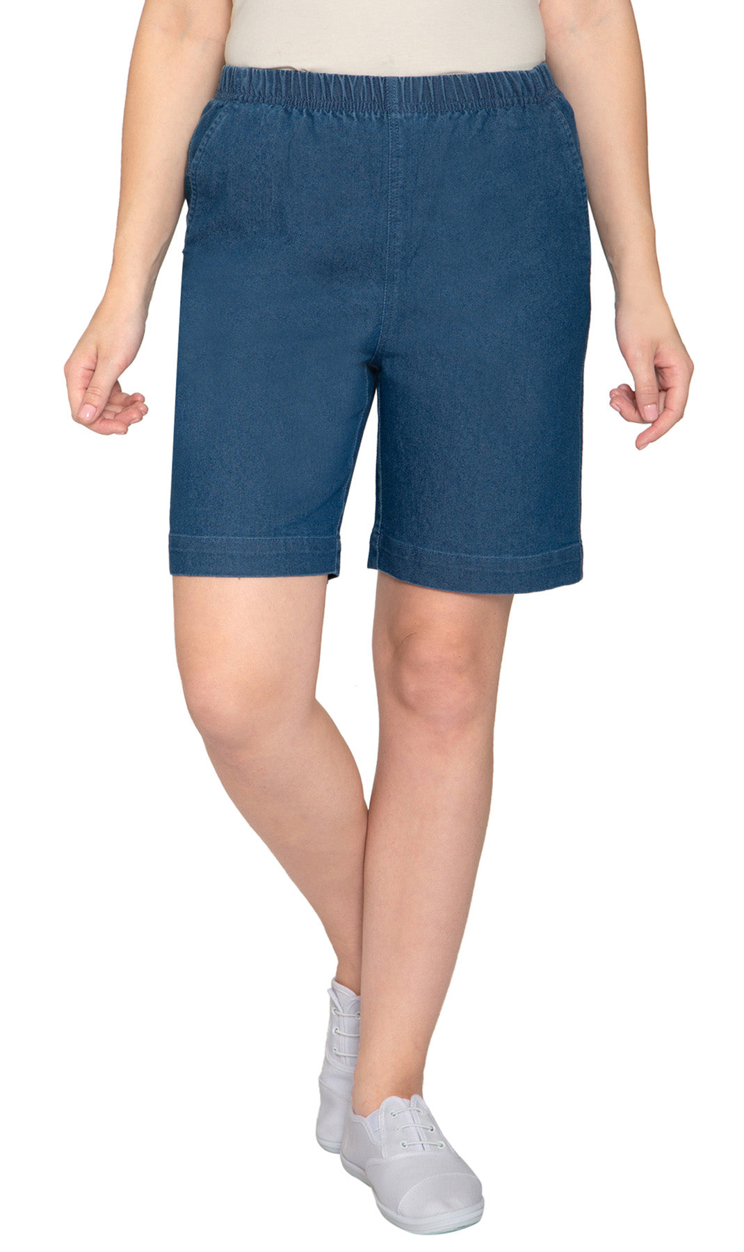 Women's Pull On Denim Shorts ÔÇô Stretch Waist Frees You from Binding Zippers and Buttons - Indigo - Front -  TURTLE BAY APPAREL