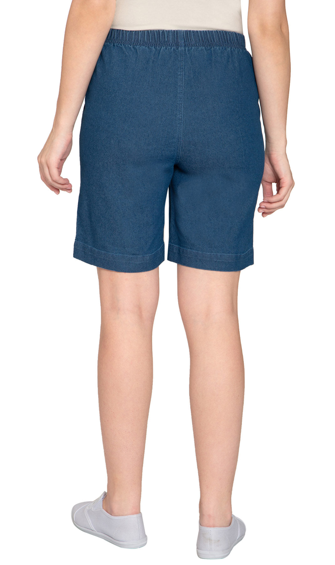 Women's Pull On Denim Shorts ÔÇô Stretch Waist Frees You from Binding Zippers and Buttons - Med Blue - Back-  TURTLE BAY APPAREL