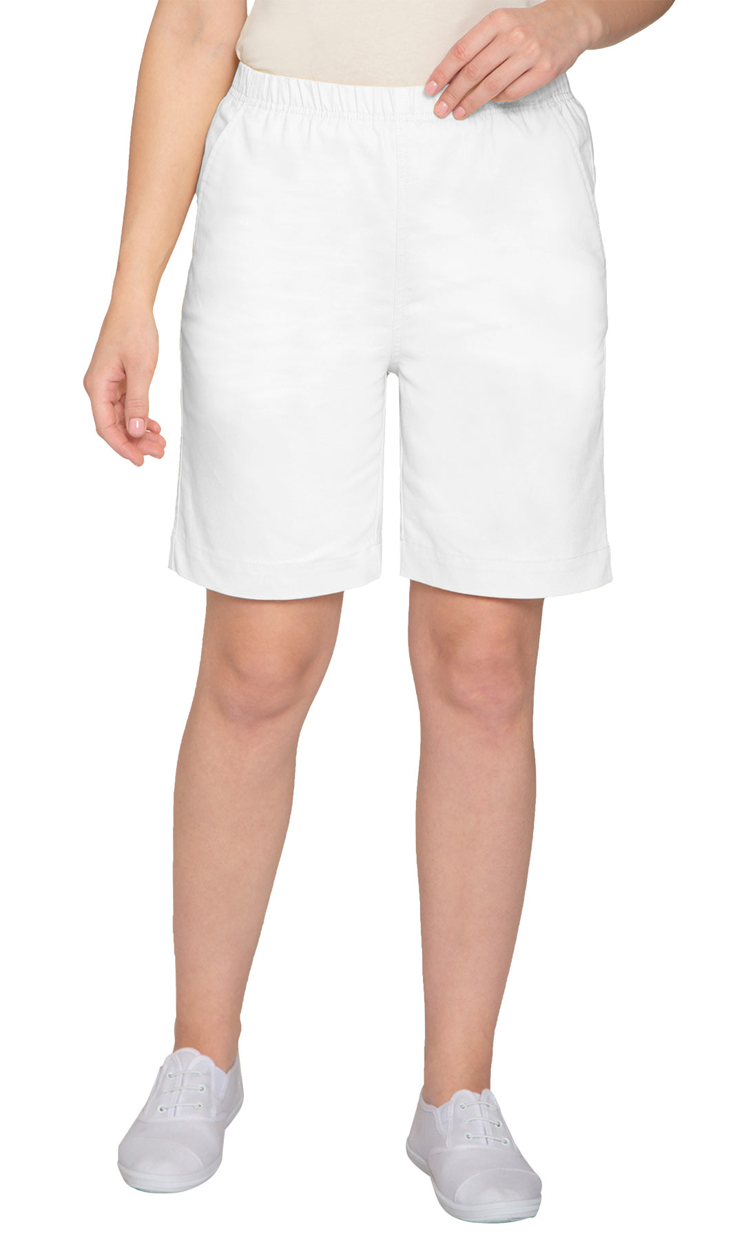 Women's Pull On Denim Shorts ÔÇô Stretch Waist Frees You from Binding Zippers and Buttons - White - Front - TURTLE BAY APPAREL