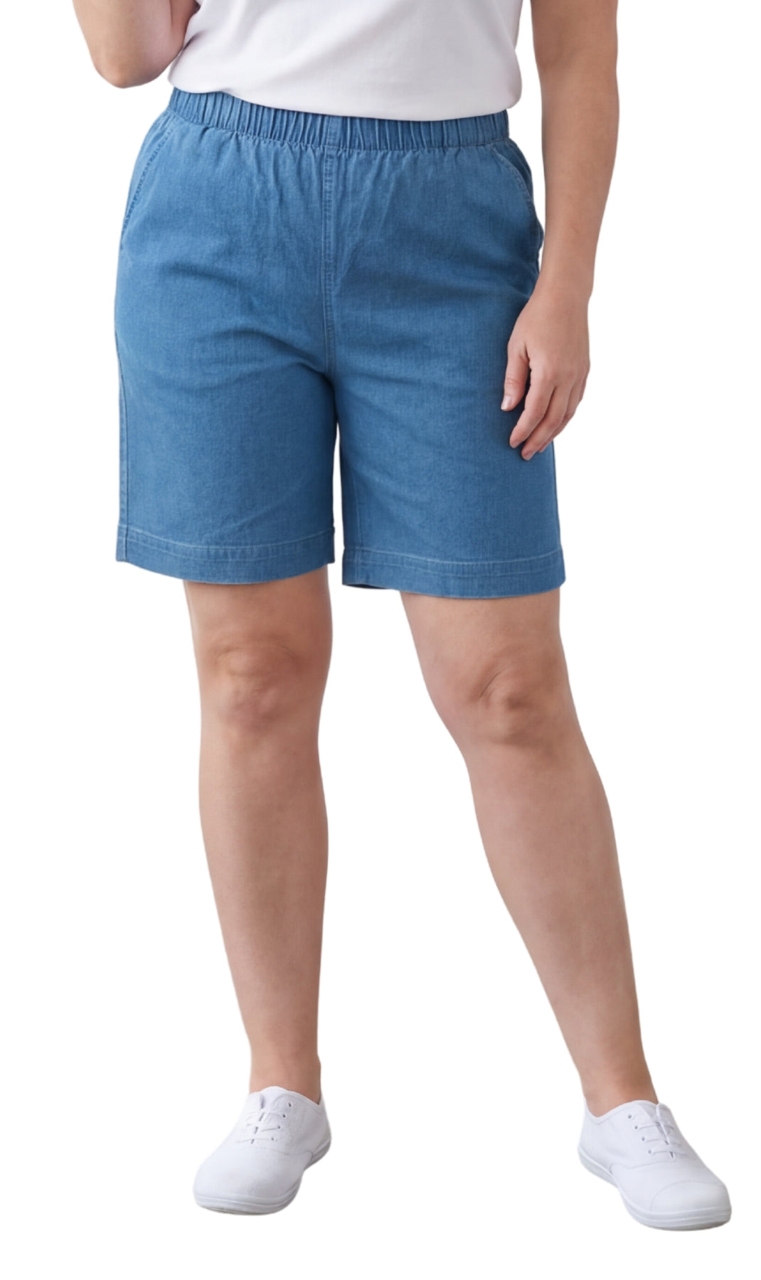 Turtle Bay New York Women's Pull On Denim & Twill Shorts with stretch waist - No zipper or buttons chambary front