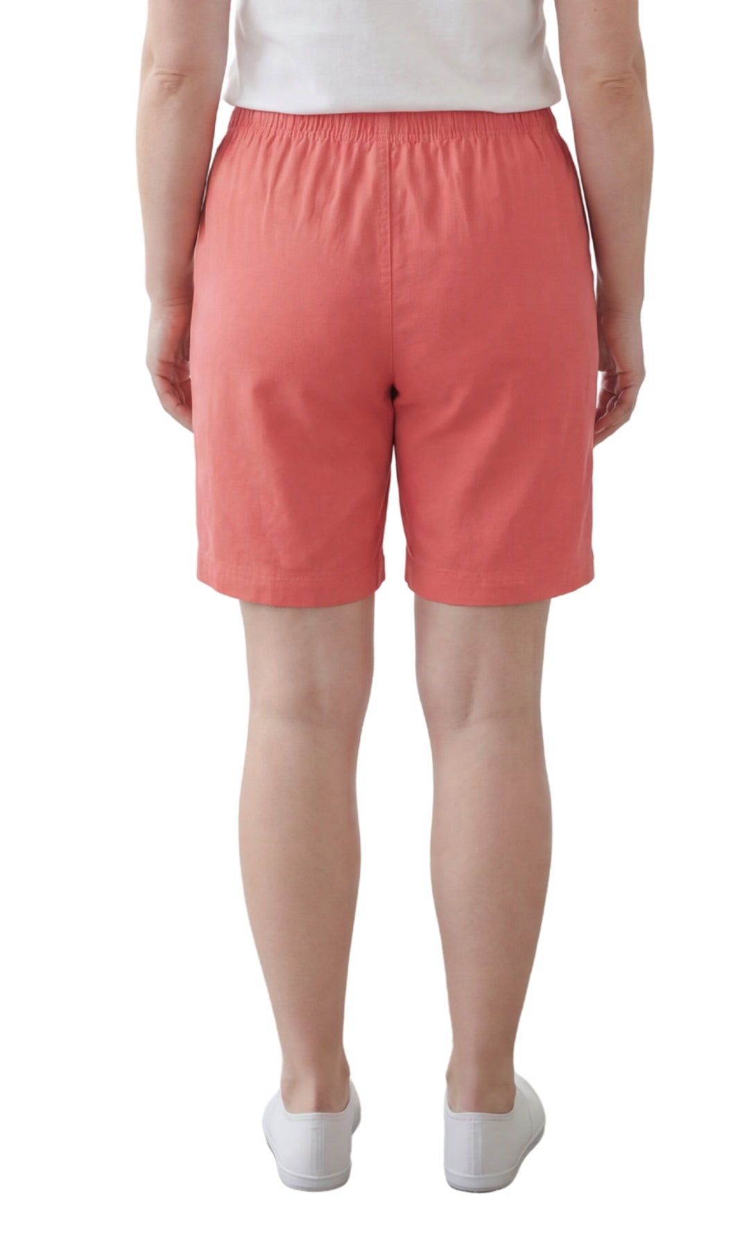 Turtle Bay New York Women's Pull On Denim & Twill Shorts with stretch waist - No zipper or buttons coral back