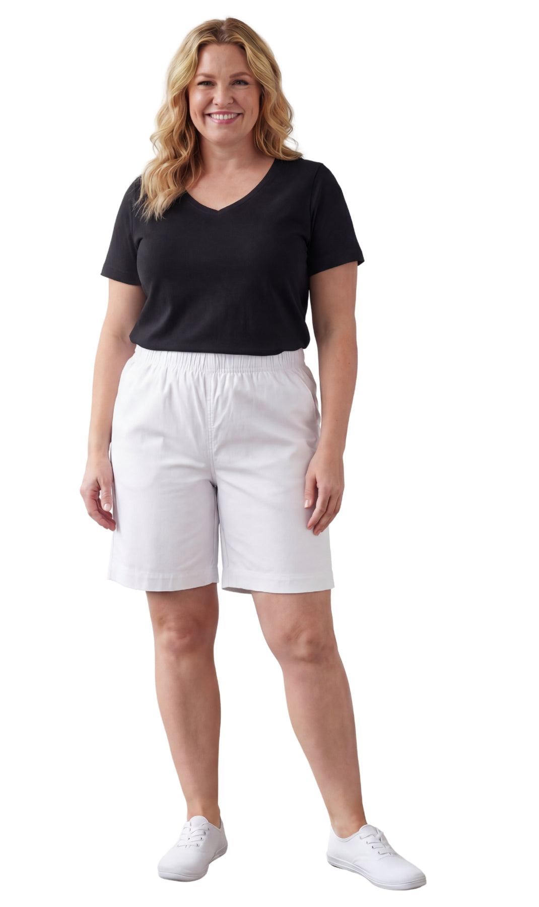 Turtle Bay New York Women's Pull On Denim & Twill Shorts with stretch waist - No zipper or buttons white full