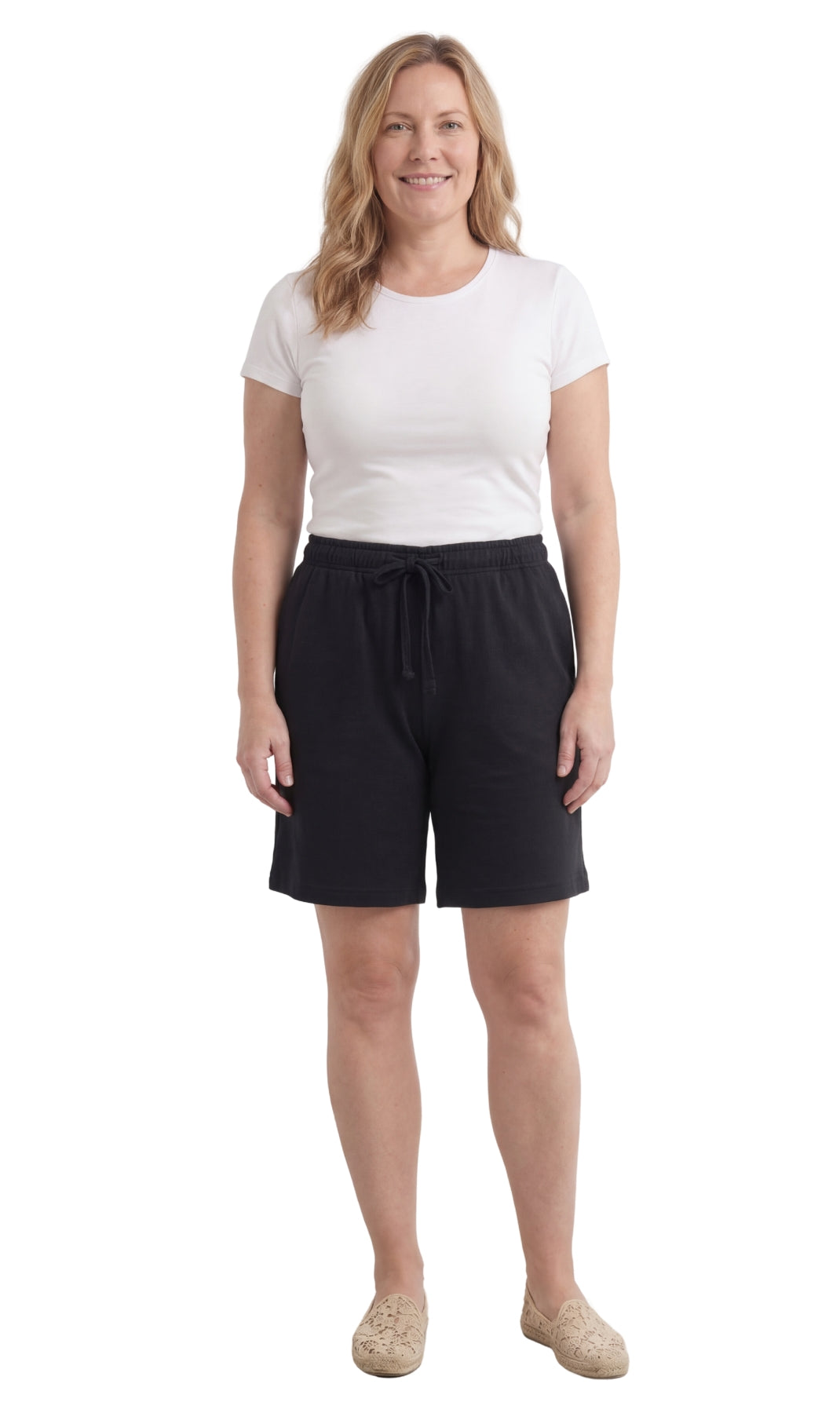 Turtle Bay New York Women's Interlock Knit cotton Shorts with Elastic Waist and Adjustable Drawstring black full