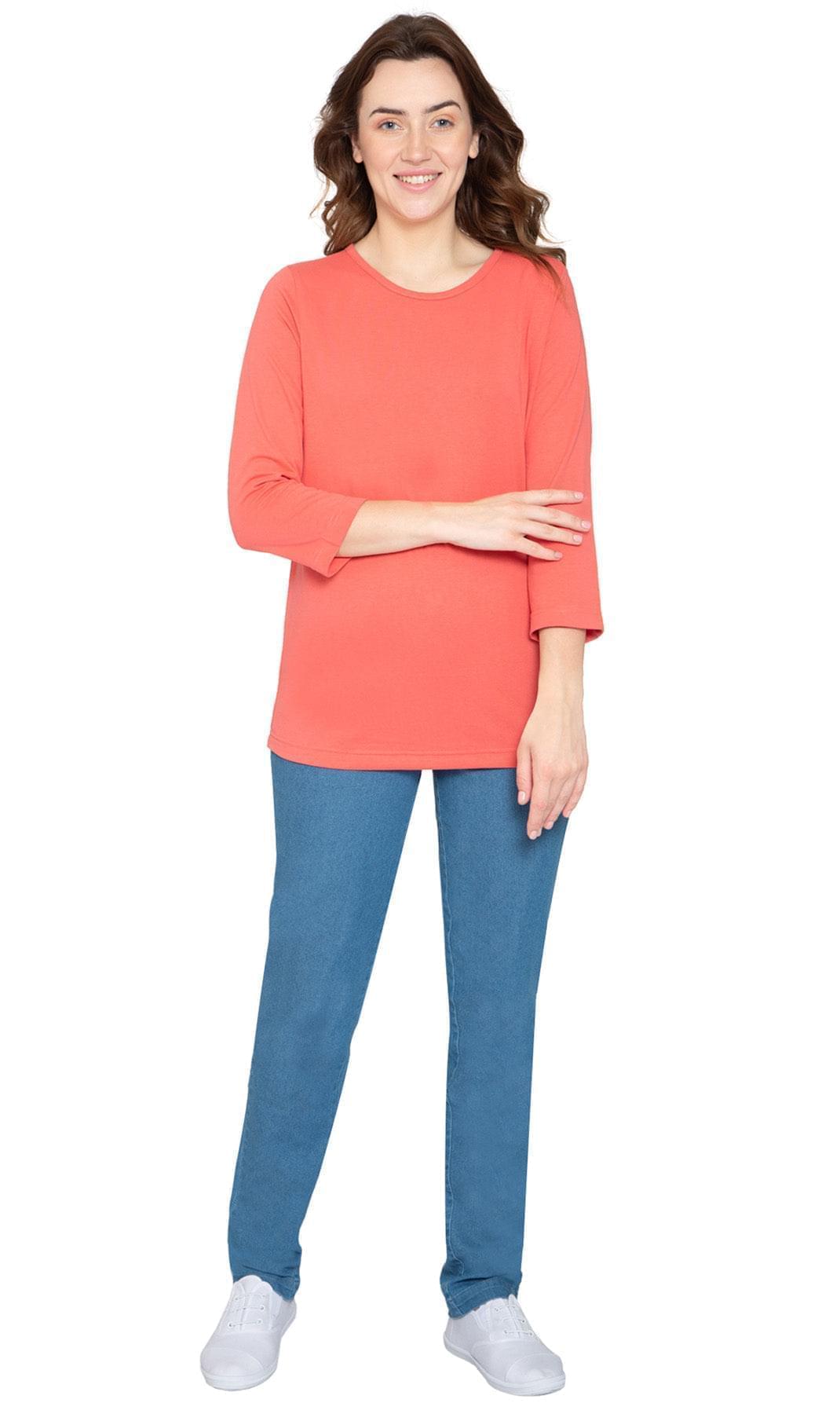 Women's 3/4 Sleeve Crew Neck Top - Comfortable Jersey Knit to Dress Up or Down - Coral - Full- TURTLE BAY APPAREL