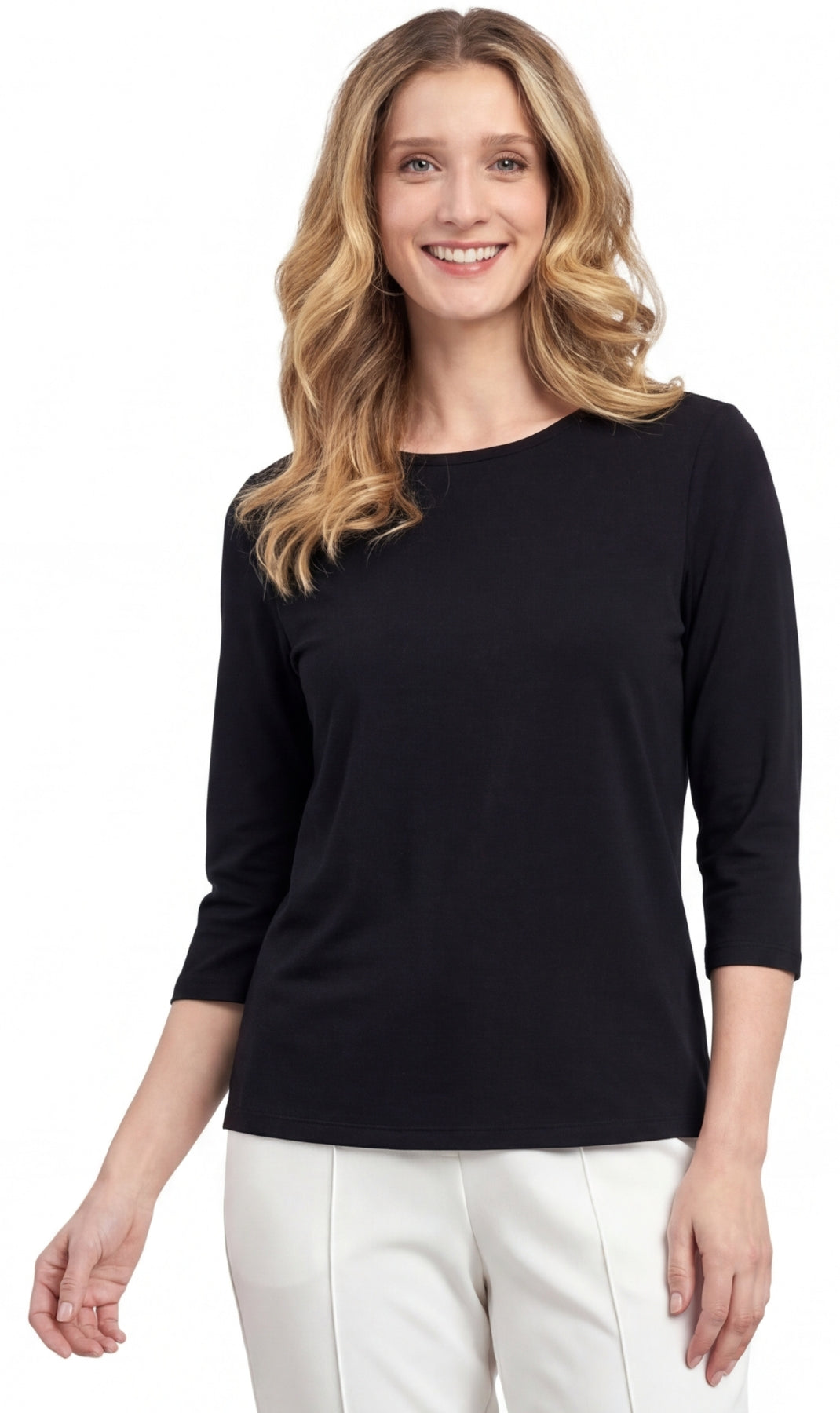 Turtle Bay New York Women's 3/4 Sleeve Crew Neck Top – Comfortable Jer black Front