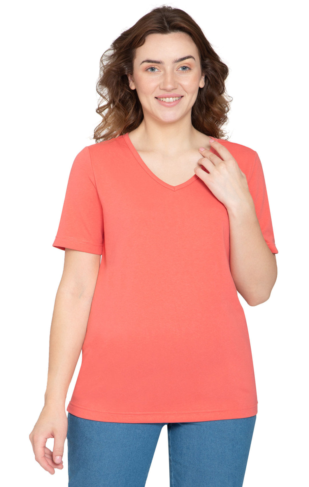 Women's V Neck Knit TeeÔÇô Hits at the Hip for Longer Coverage and a Sleeker Fit - Coral- Front - TURTLE BAY APPAREL
