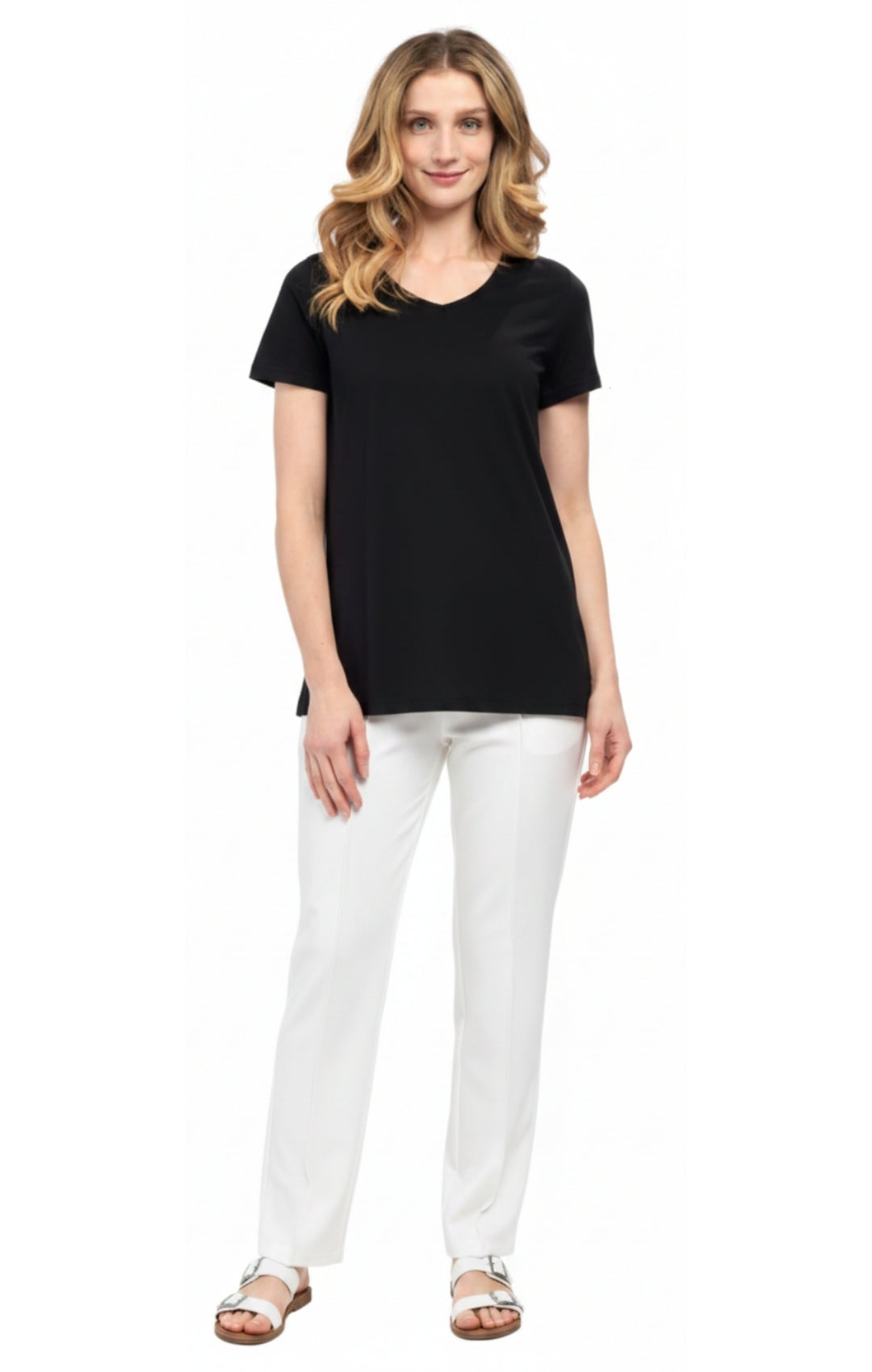 Turtle Bay Apparel Women's Perfect Short-Sleeve V-Neck Tee Shirt – Black Full Length View
