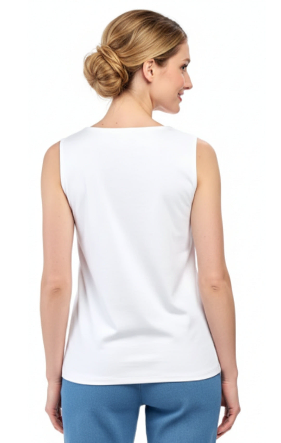 Turtle Bay Apparel Women's Rhinestone Notch V-neck Knitted Tank Top – White Back View