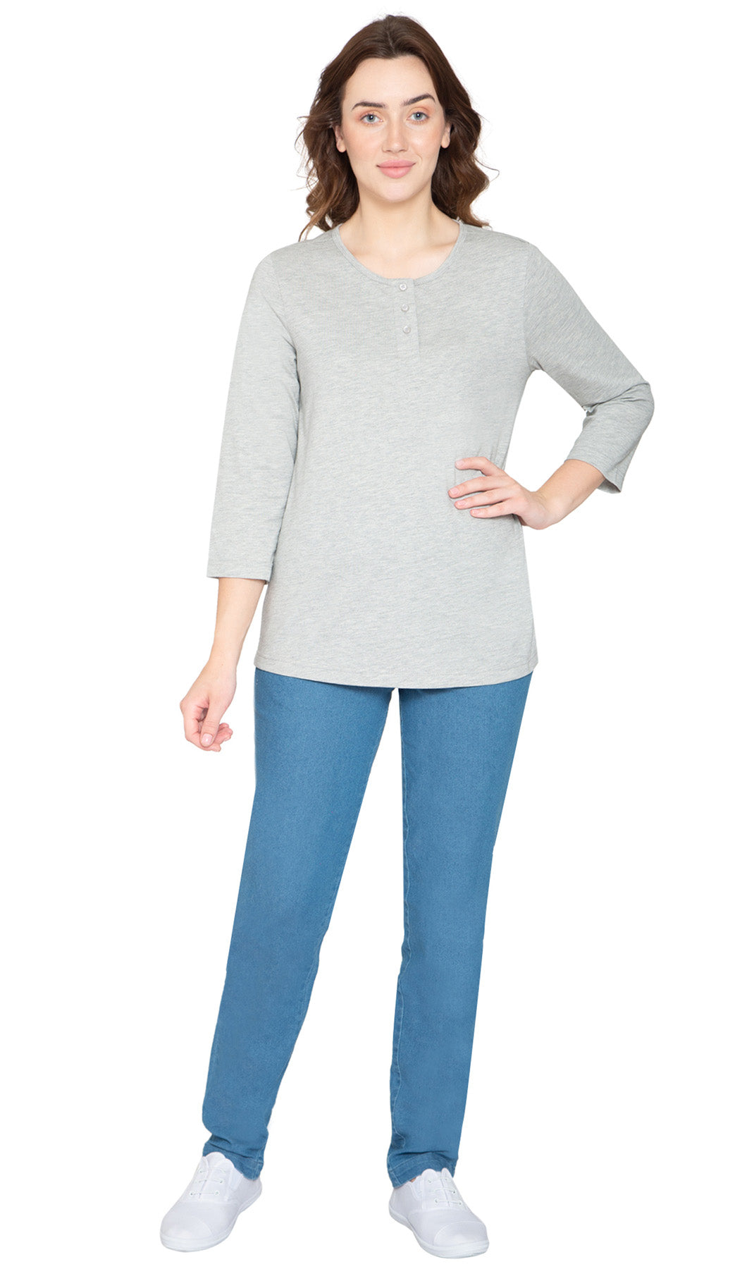 Women's Three Quarter Sleeve Henley ÔÇô Comfort in Every Color! - Grey - Full - TURTLE BAY APPAREL