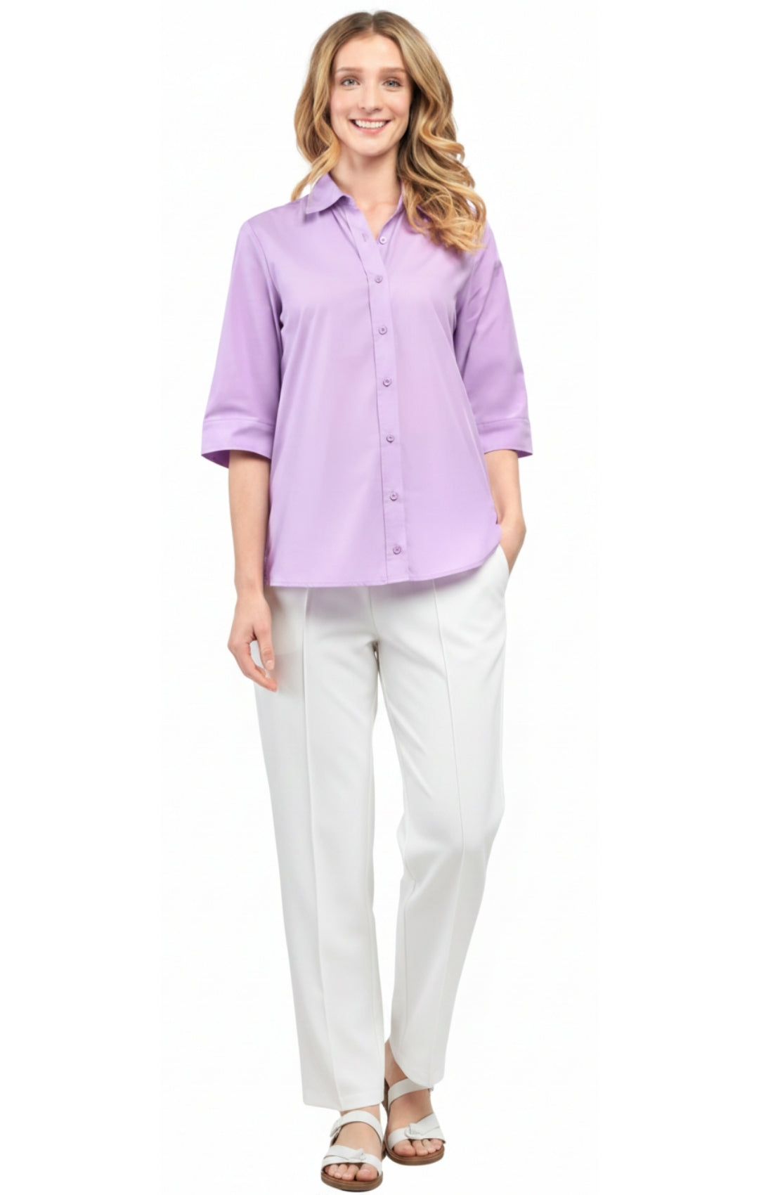 Turtle Bay Apparel Womens Regular Fit 3/4 Sleeve Button Down Collared Camp Shirt – Lilac Full Length View
