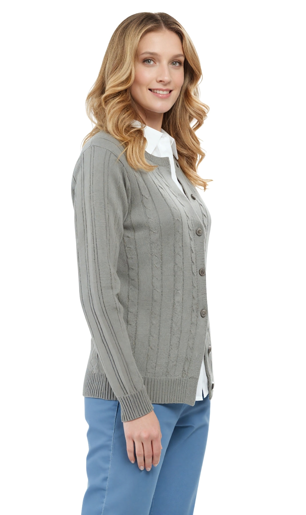 Women's Classic Button Front Cable Knit Cardigan in Soft Acryllic 10