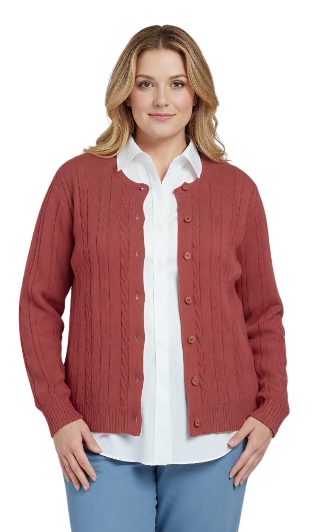 Women's Classic Button Front Cable Knit Cardigan in Soft Acryllic 16