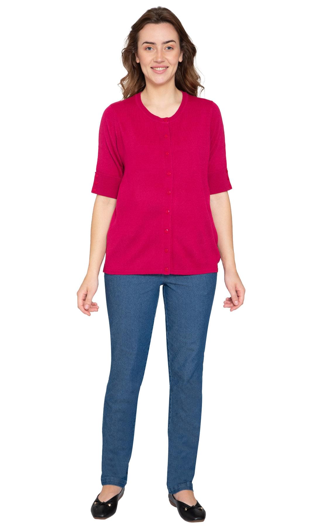 Women's Button Front Cardigan - Unique Elbow Cuff Adds Fifties Flair Berry - Full - TURTLE BAY APPAREL