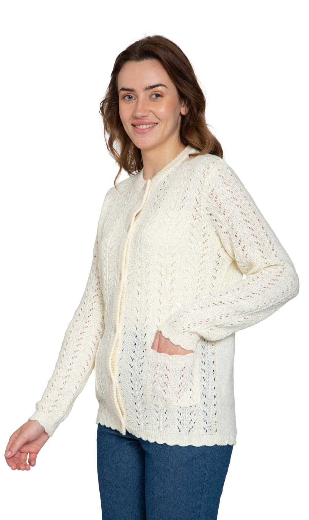 Women's Button Front Crochet Pointelle Cardigan with Pockets 4