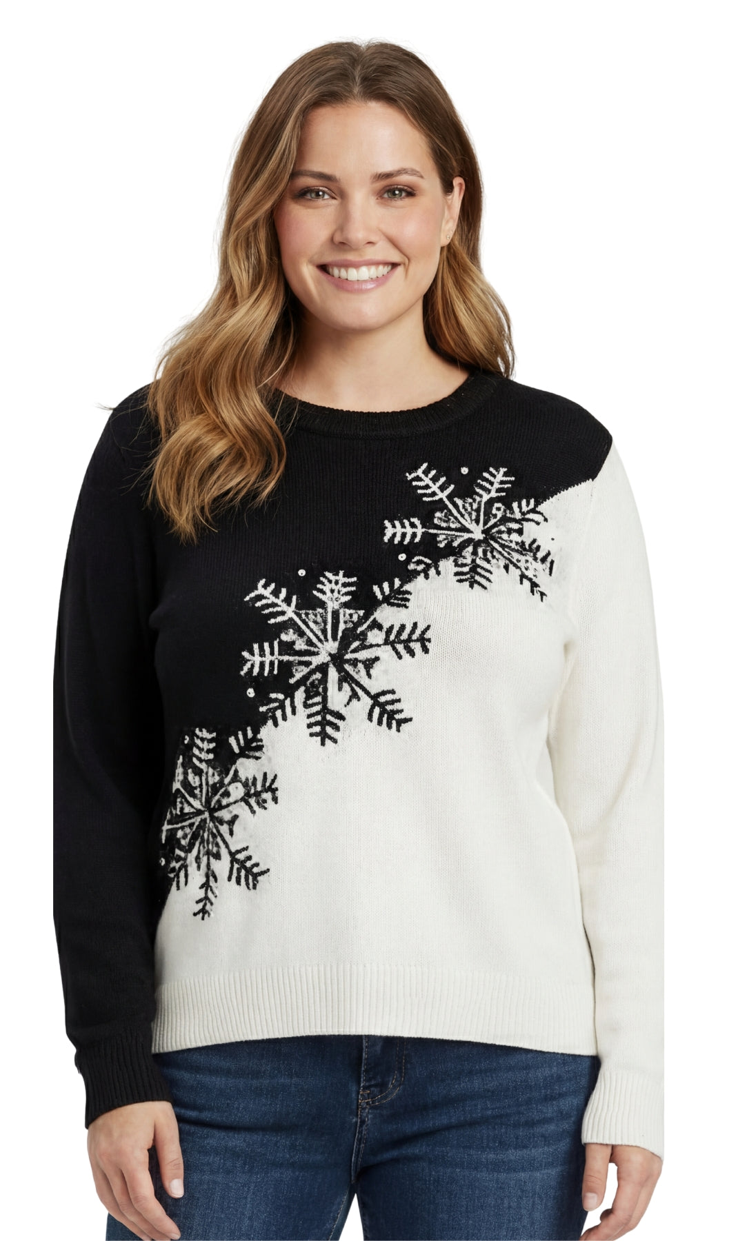 Women's Cozy Long Sleeves Snowflake-Decorated Color Block Holiday Crewneck Sweater - Classy Christmas Pullover in 100% Soft Durable Acrylic 4