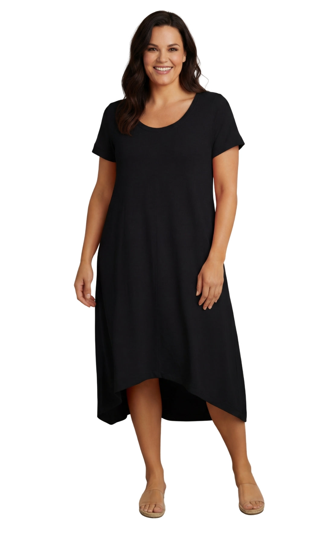 Women's Knit Wide Scoop Neck Short Sleeve Dress in A-line Asymmetrical Hem 11