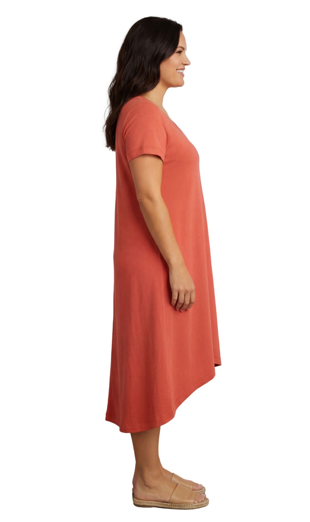 Women's Knit Wide Scoop Neck Short Sleeve Dress in A-line Asymmetrical Hem 7