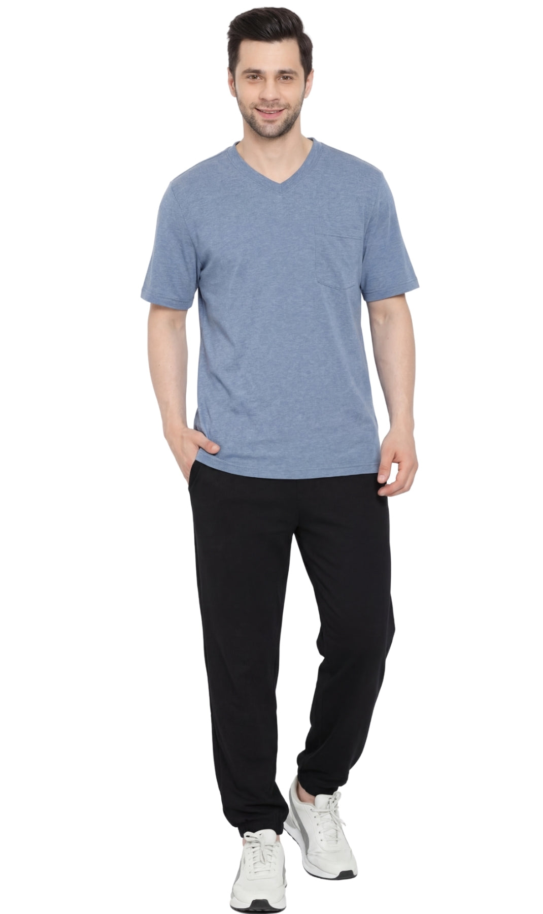 Turtle Bay New York Men's Heavyweight Short Sleeve V-Neck T-Shirt – Relaxed Fit Cotton Blend with Pocket blue full