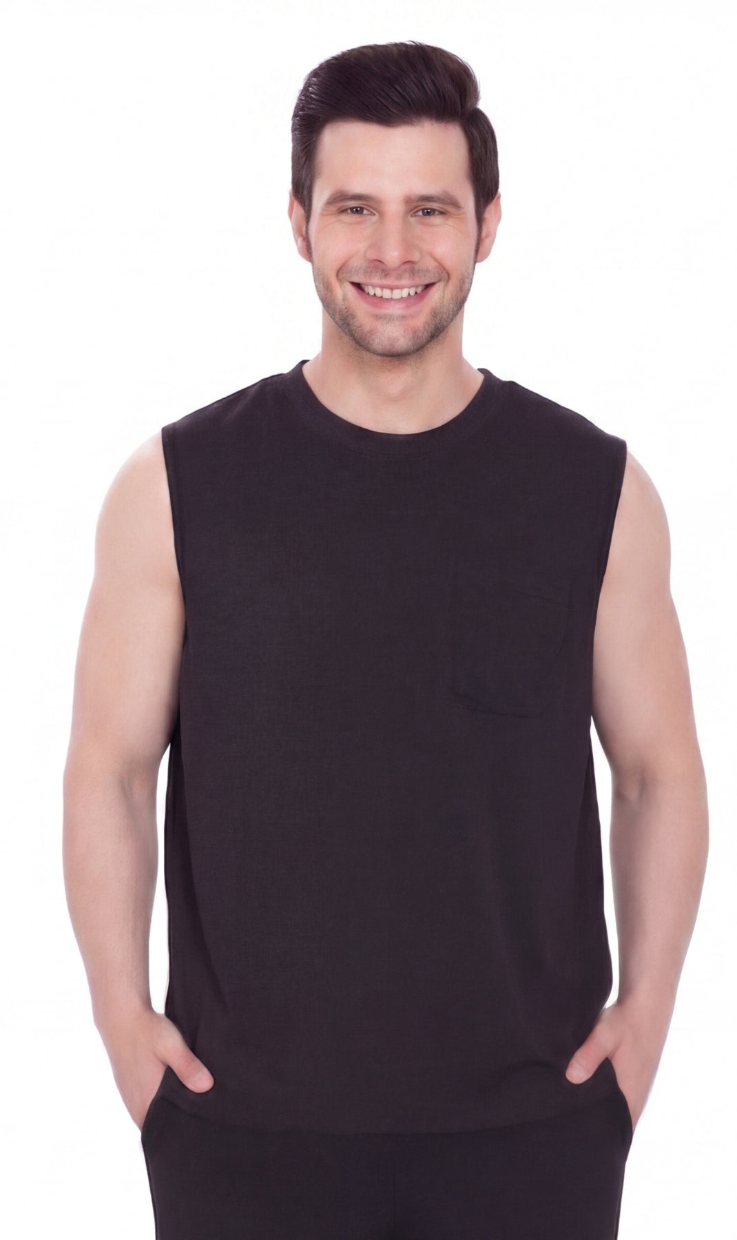 Turtle Bay Apparel Men's Sleeveless Crew Neck T-Shirt – Black Front View