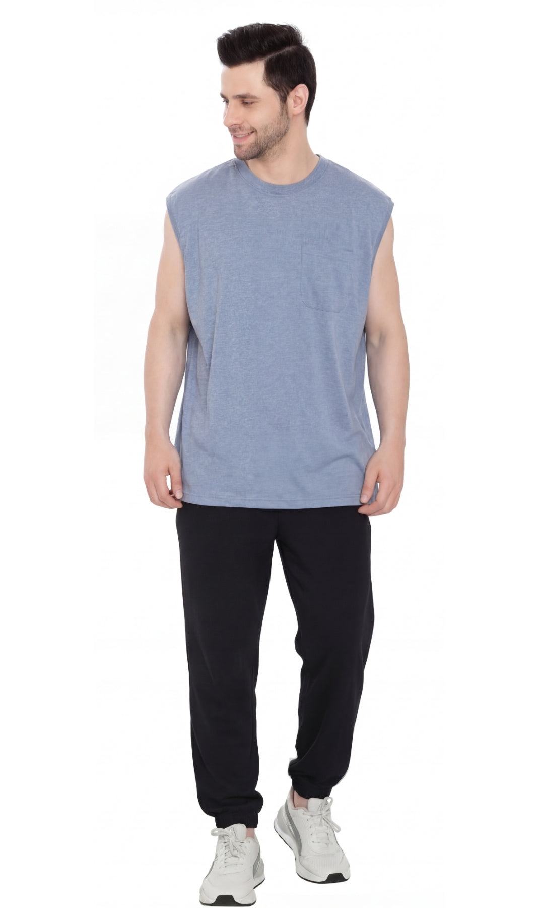Turtle Bay Apparel Men's Sleeveless Crew Neck T-Shirt – Blue Heather Full Length View