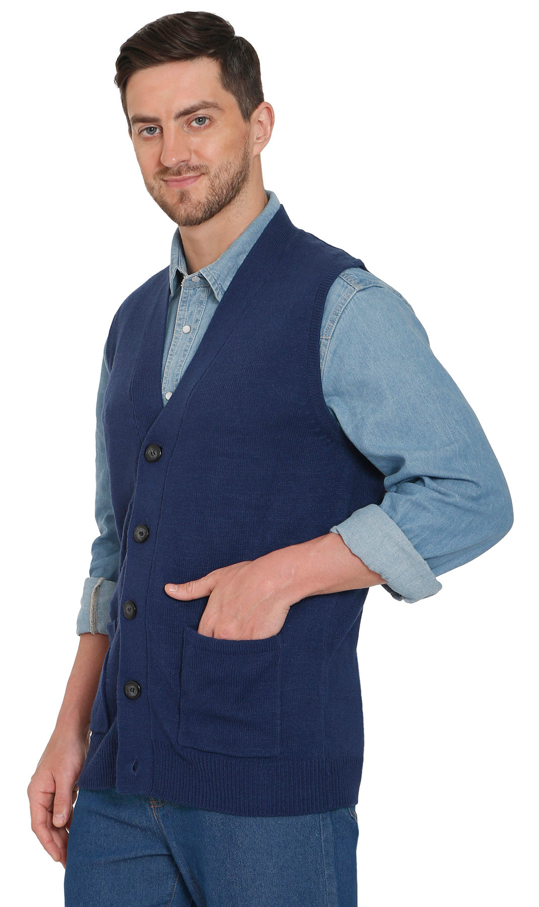 Men's Cashmere-Like Button Front Flat Knit Sweater Vest with front patch pockets 11
