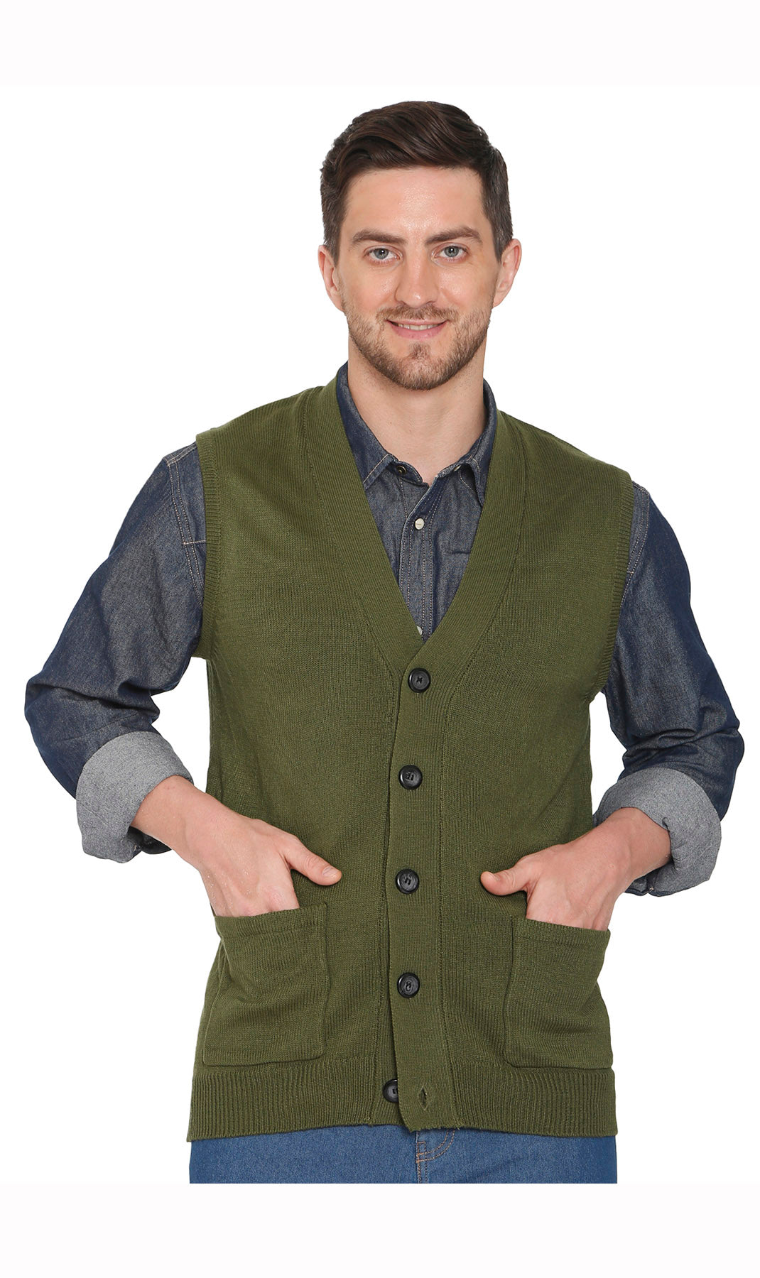Men's Cashmere-Like Button Front Flat Knit Sweater Vest with front patch pockets 26