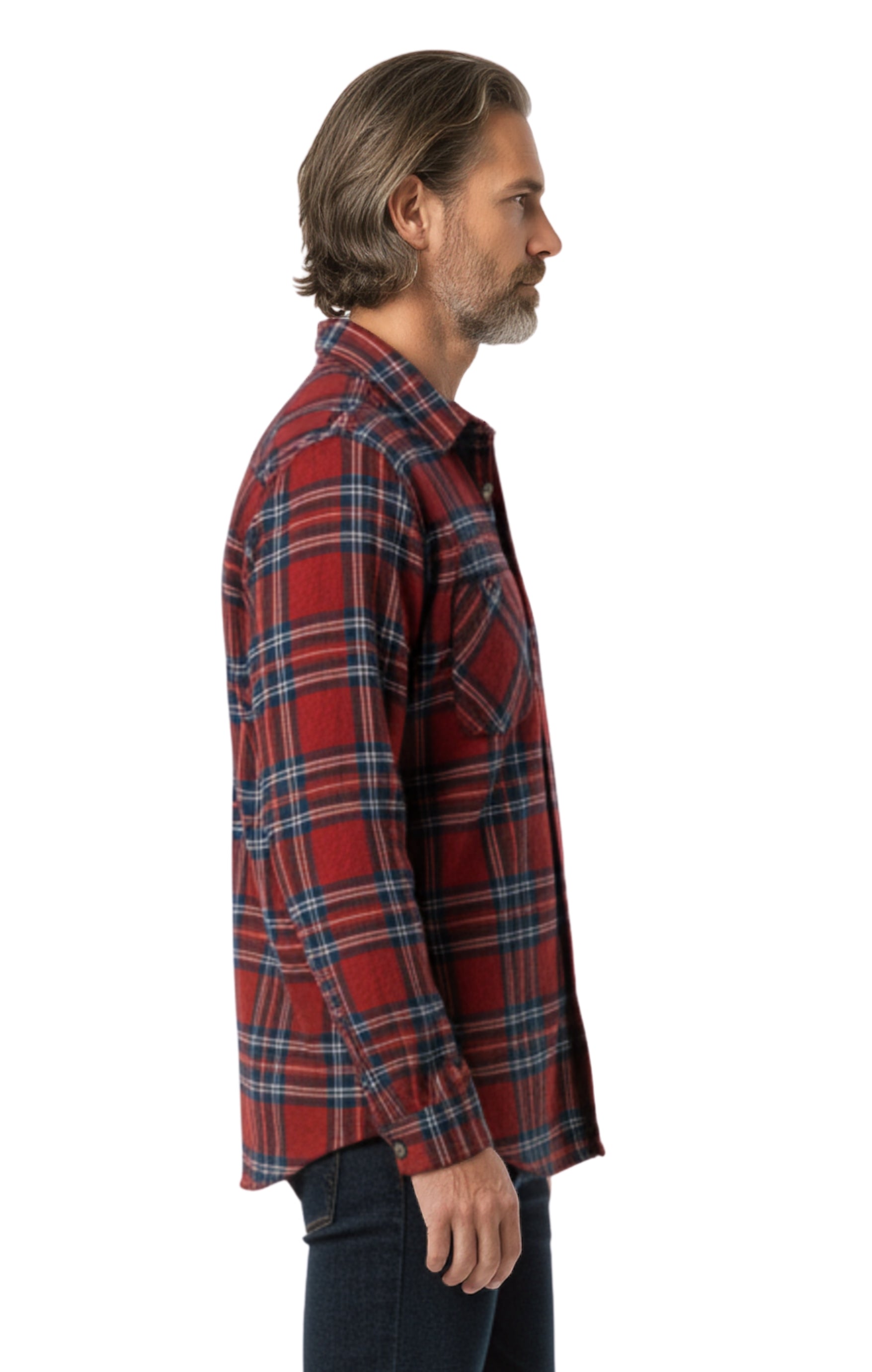 Turtle Bay New York Men's Heathered Fleece Overshirt with Chest Pockets and Tortoise-shell patterned Buttons Burgundy Plaid side