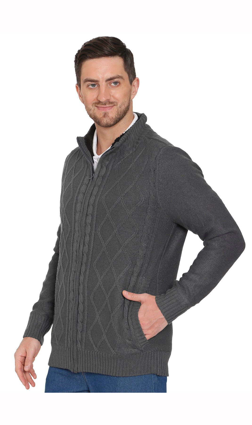 Mens Sherpa Fleece Lined Zip Front Sweater Jacket 3
