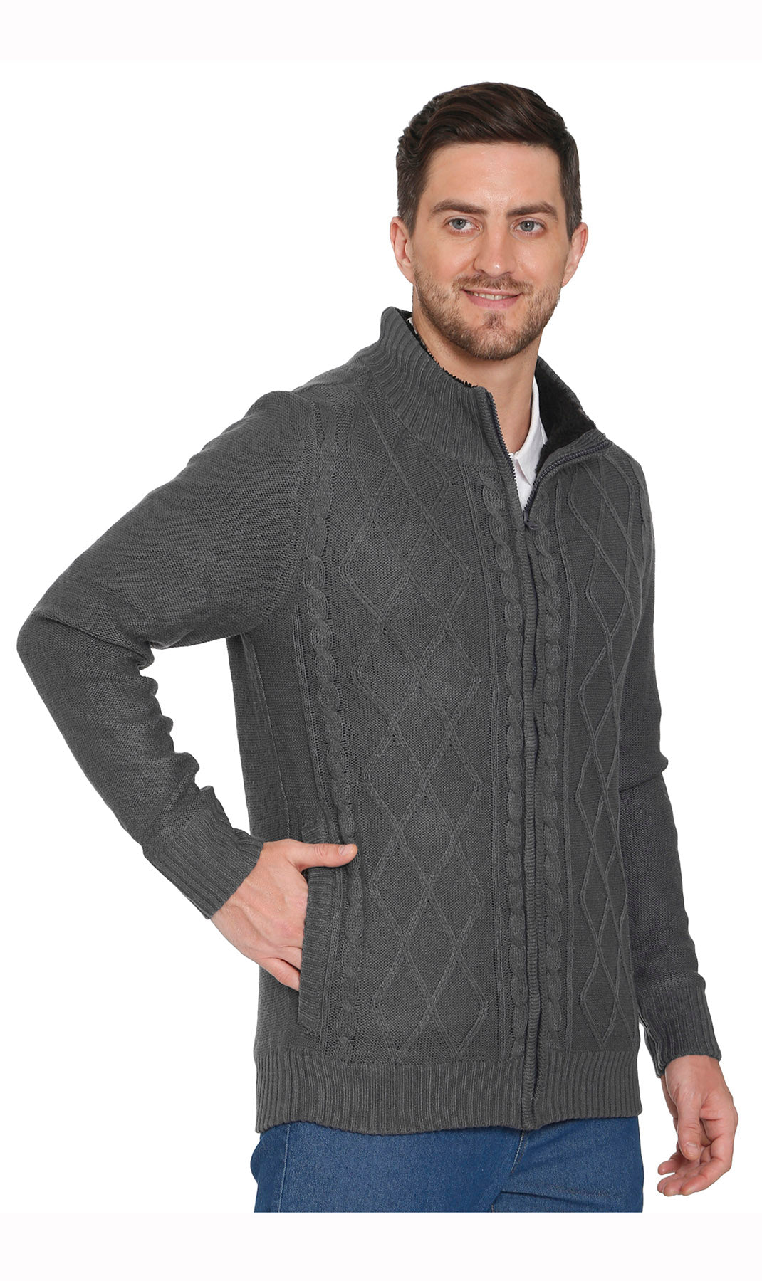 Mens Sherpa Fleece Lined Zip Front Sweater Jacket 4