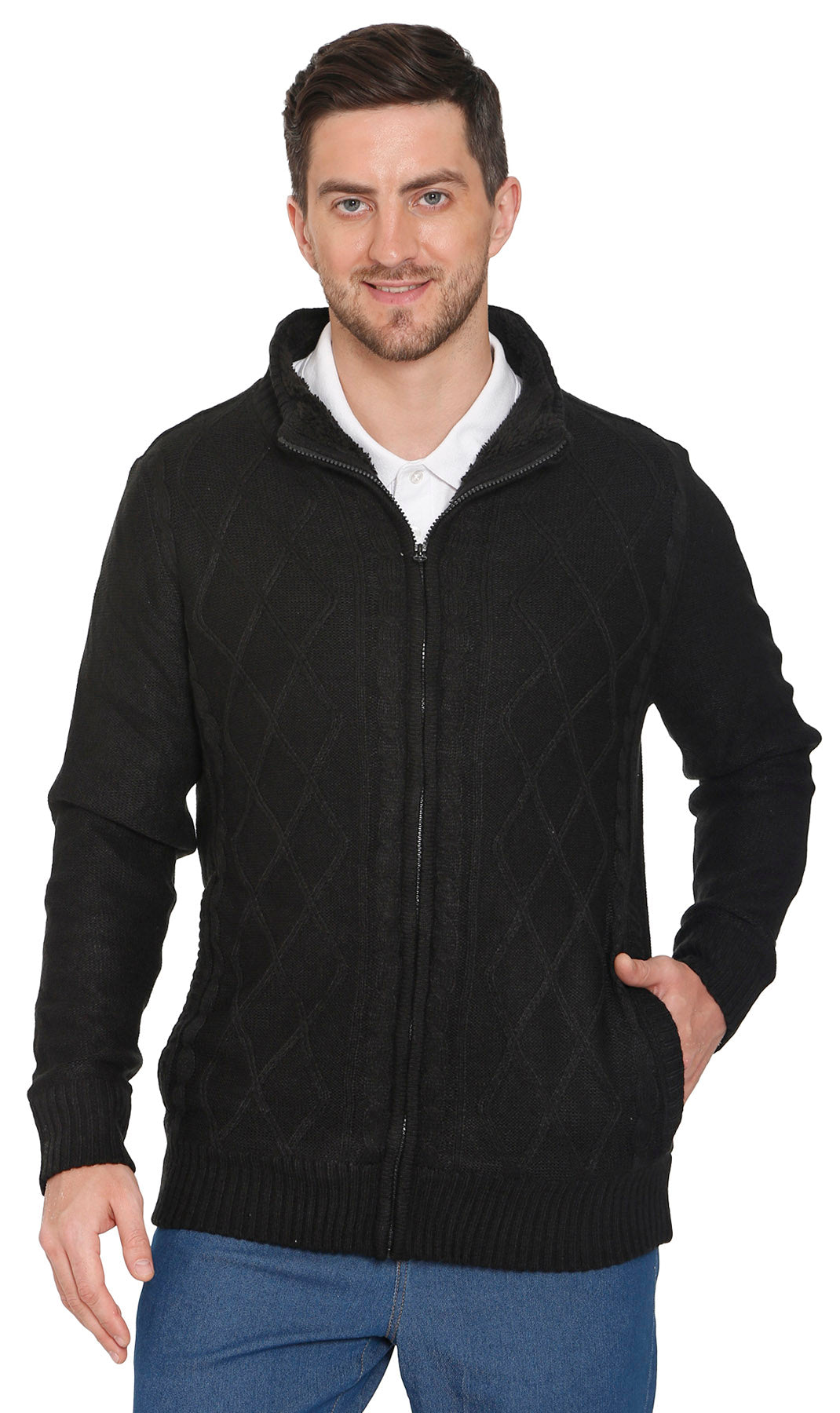 Mens Sherpa Fleece Lined Zip Front Sweater Jacket 9