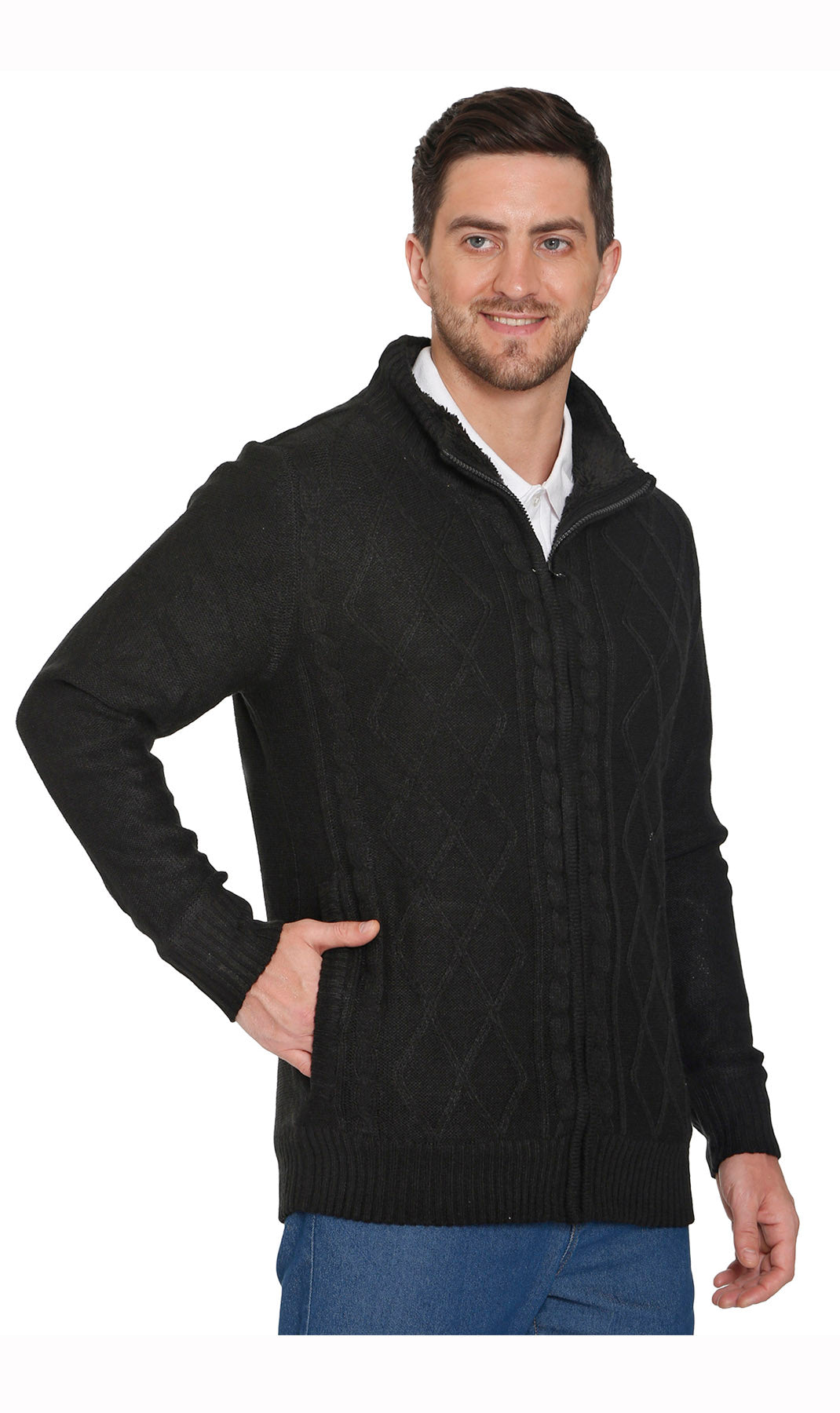Mens Sherpa Fleece Lined Zip Front Sweater Jacket 12