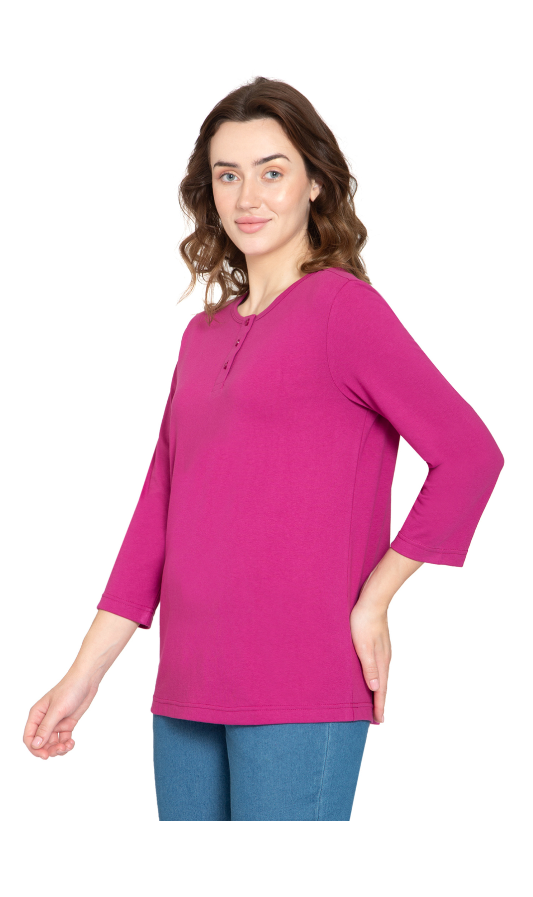 Women's 3/4 sleeves Henley in Cotton Blend with Button Placket 5