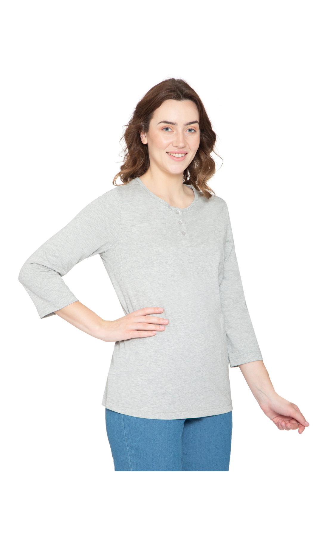 Women's 3/4 sleeves Henley in Cotton Blend with Button Placket 37