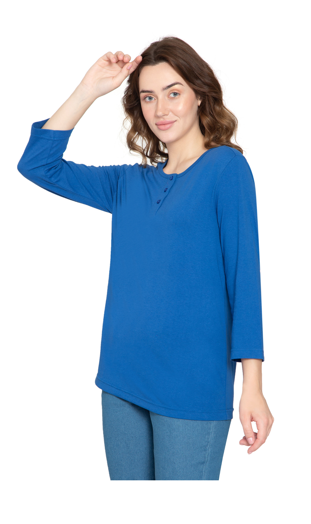 Women's 3/4 sleeves Henley in Cotton Blend with Button Placket 17