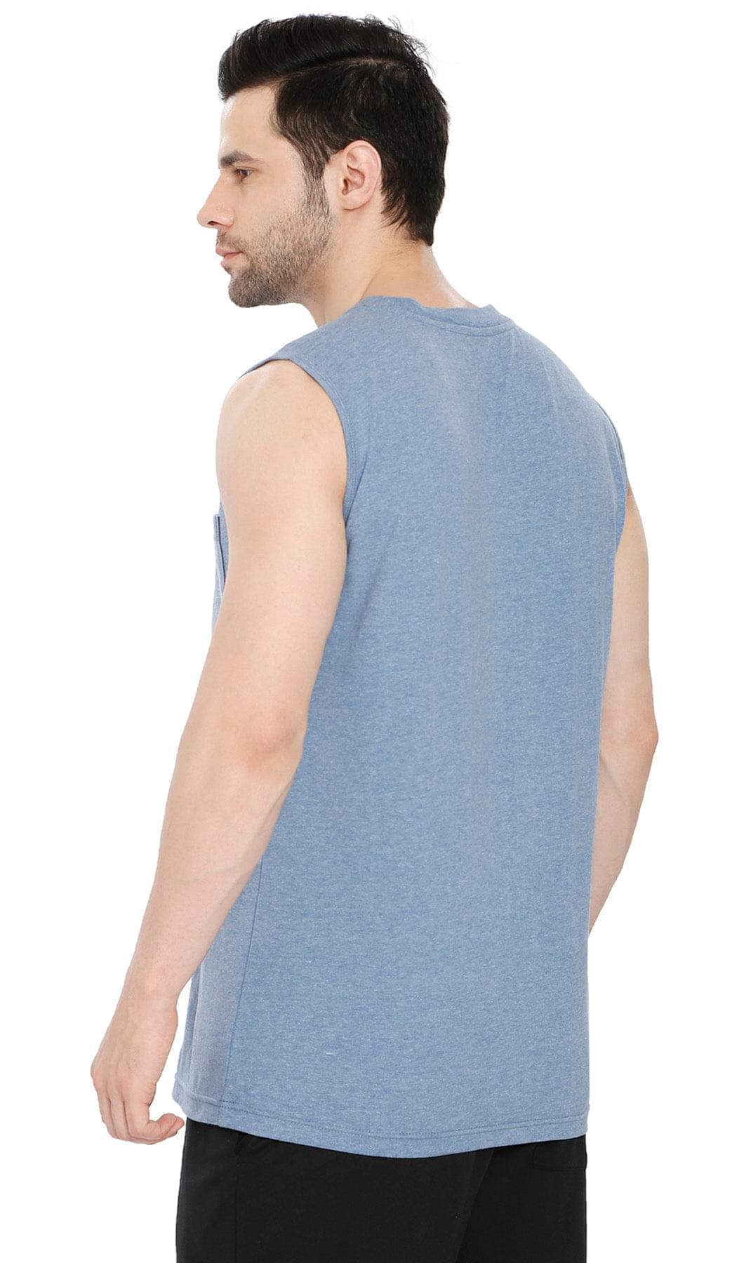 Men's Sleeveless T-Shirt with Pocket - Cool Off in Our Tough Tank - Blue Heather - Back -TURTLE BAY APPAREL