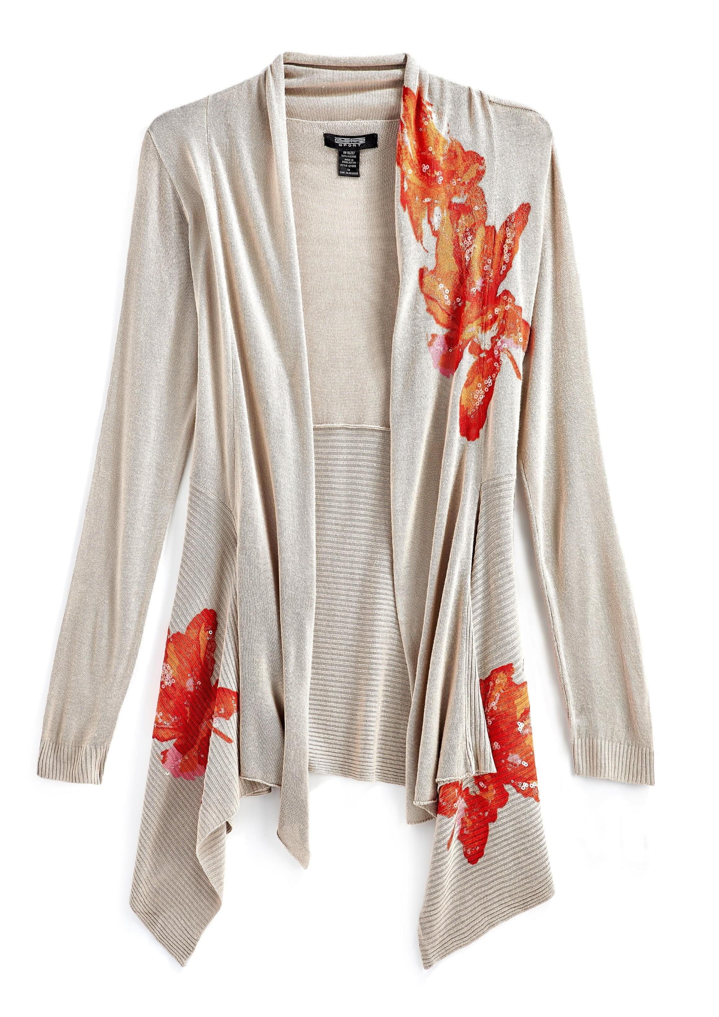 Women's Floral Embellished Open Long Cardigan - Flat lay -  TURTLE BAY APPAREL