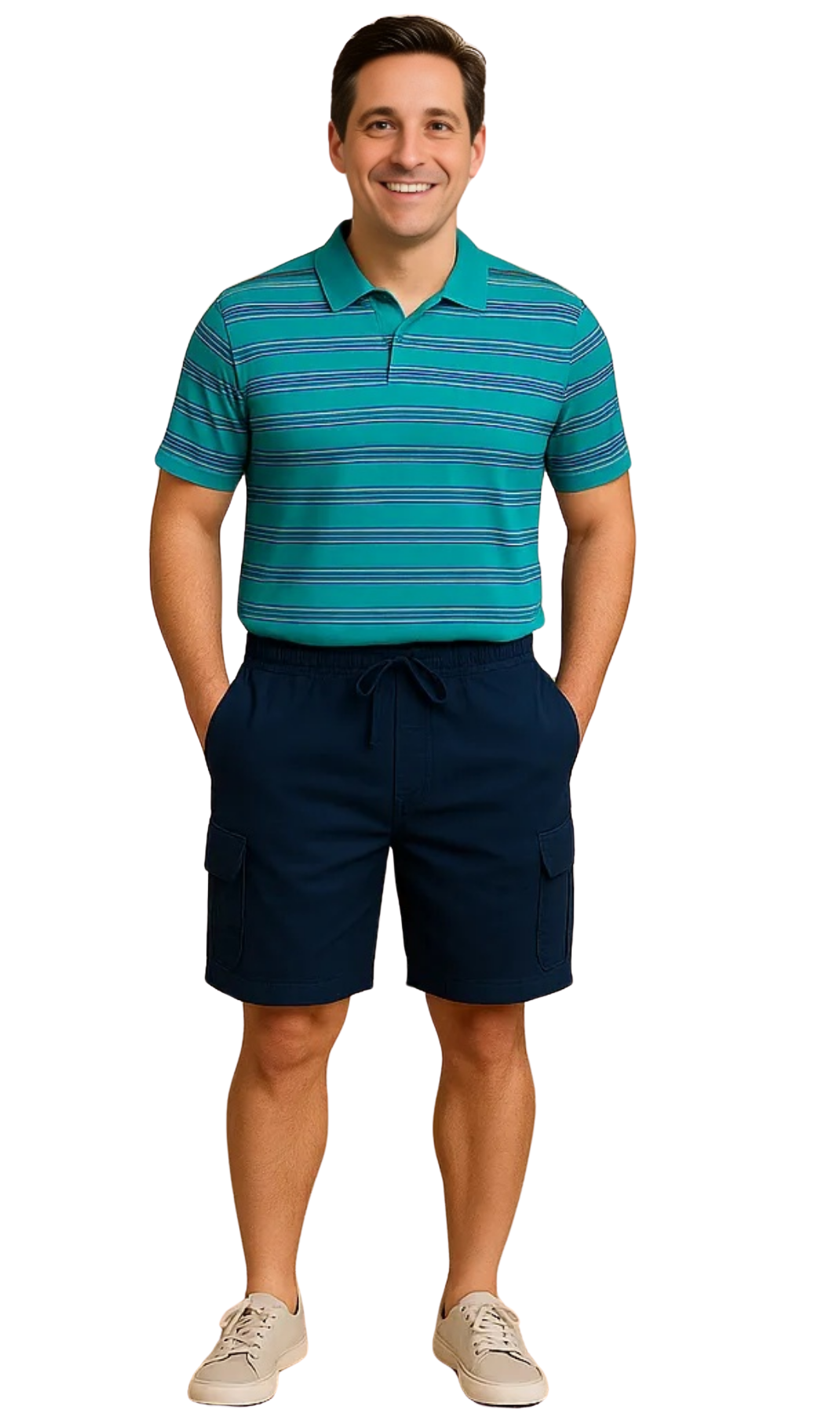 Man wearing a green striped polo shirt and navy shorts on a white background_full