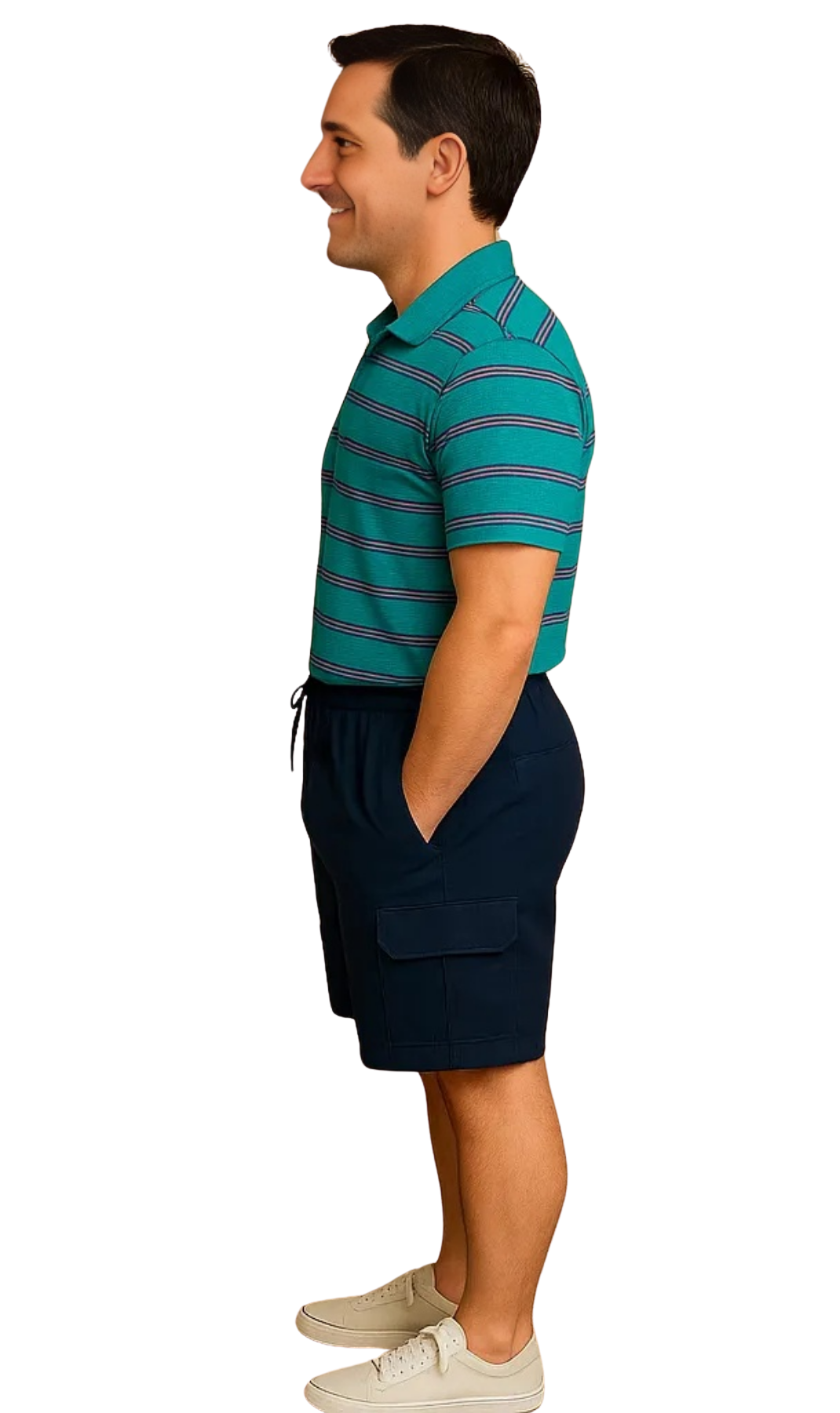 Man wearing a green striped polo shirt and navy shorts on a white background_SIDE