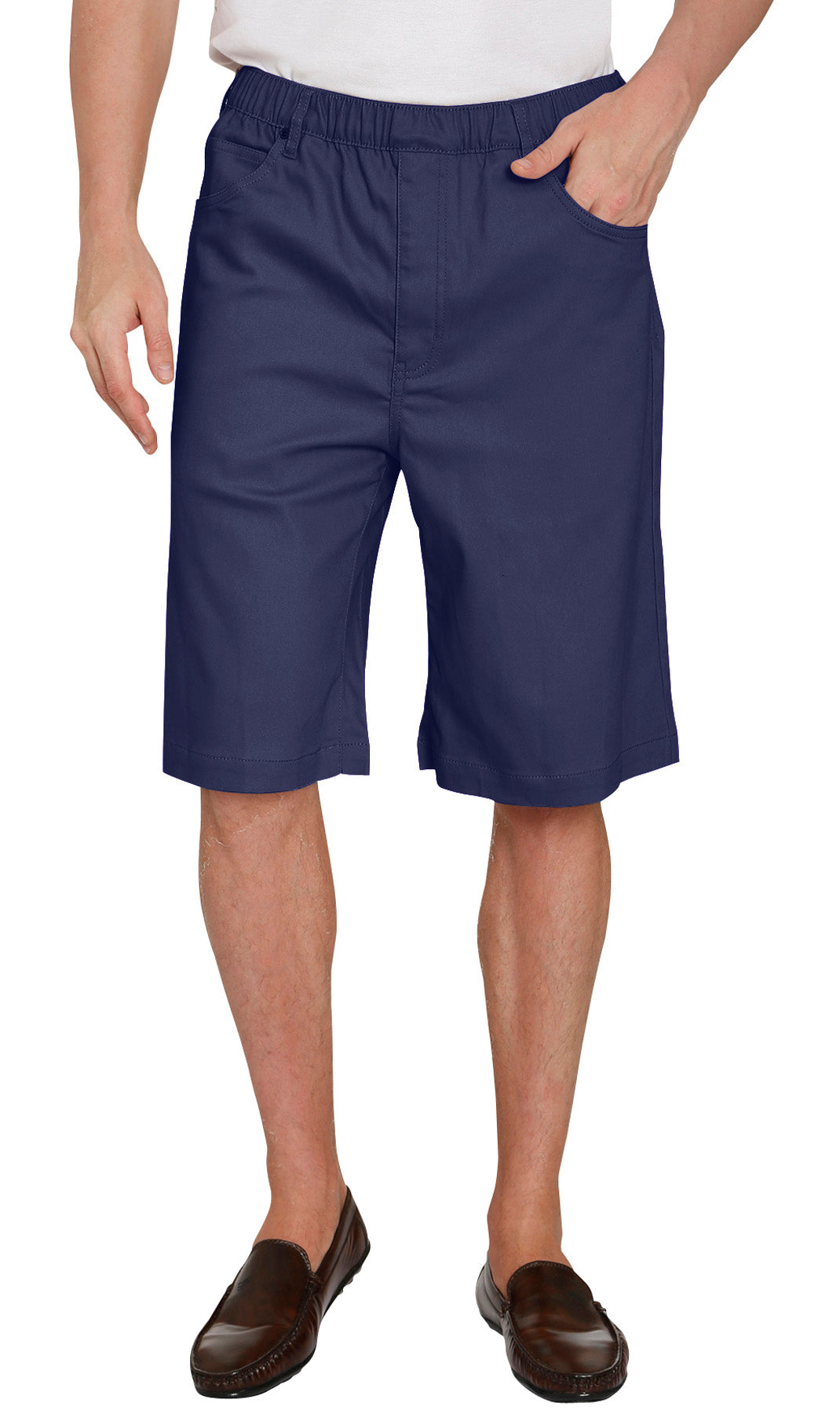 A pair of men's pull-on denim shorts with an elastic waistband and a drawstring.