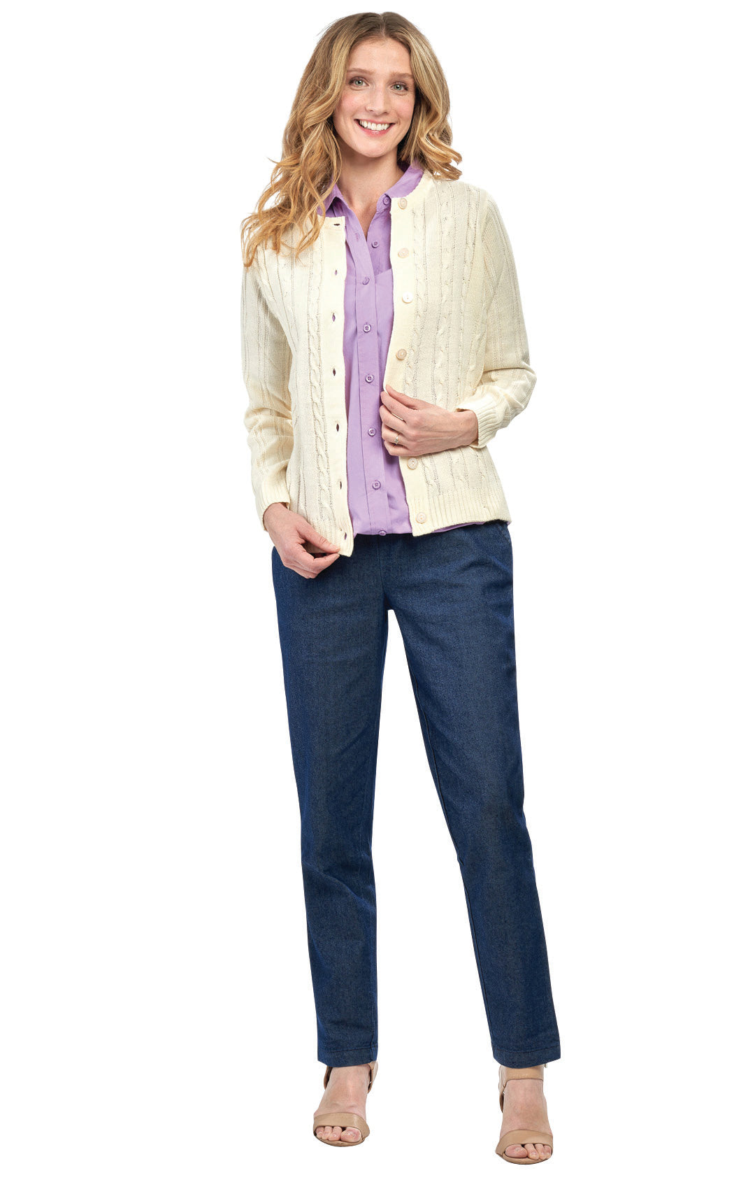 Women's Classic Button Front Cable Knit Cardigan in Soft Acryllic 10