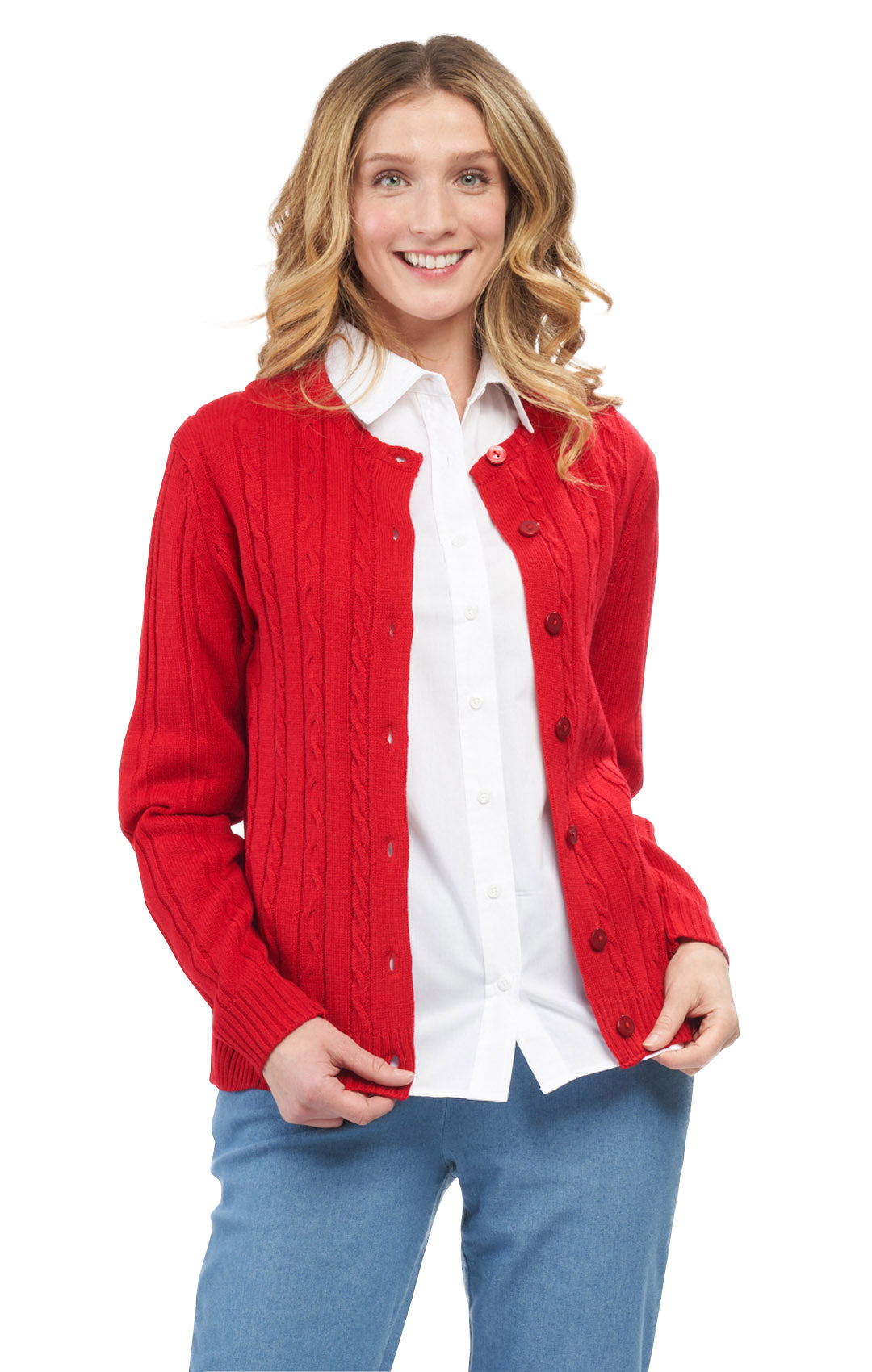 Women's Classic Button Front Cable Knit Cardigan in Soft Acryllic 14