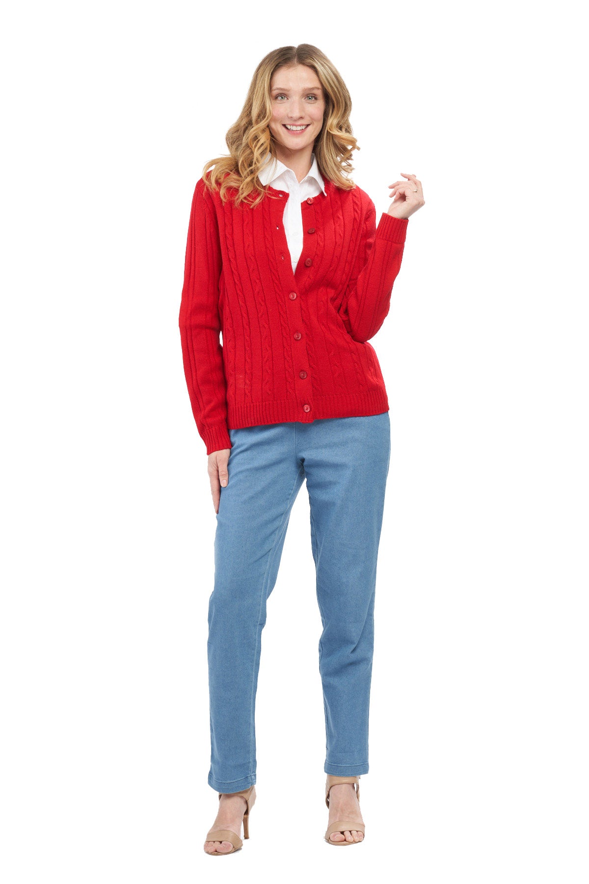 Women's Classic Button Front Cable Knit Cardigan in Soft Acryllic 15