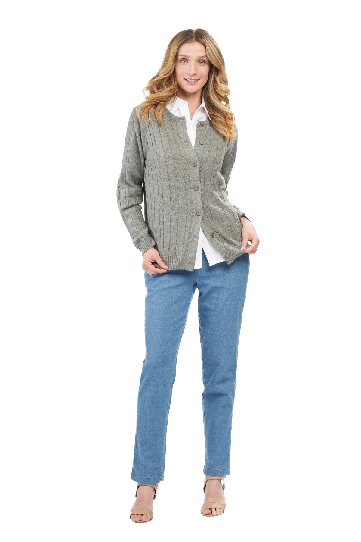 Women's Classic Button Front Cable Knit Cardigan in Soft Acryllic 8