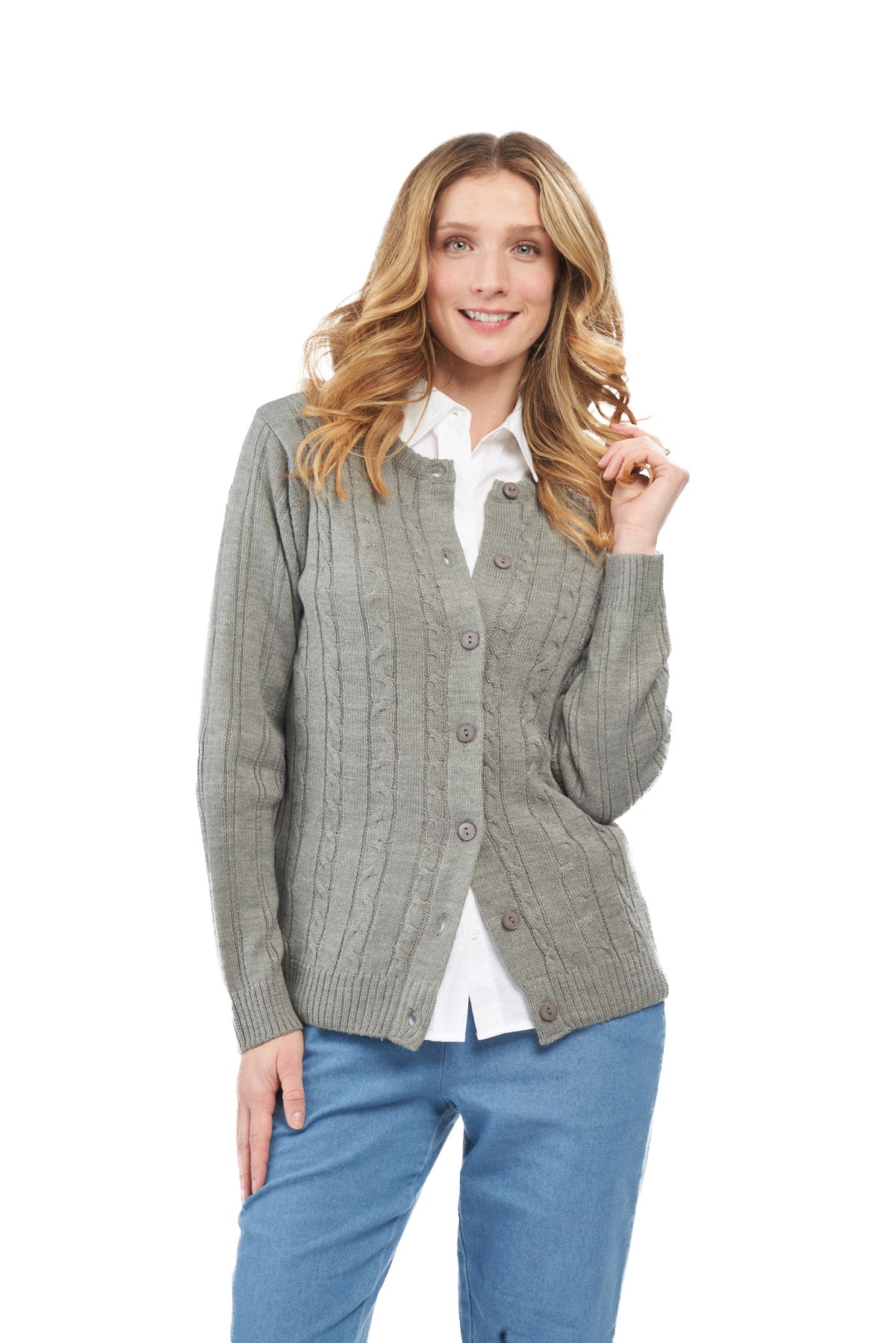 Women's Classic Button Front Cable Knit Cardigan in Soft Acryllic 7