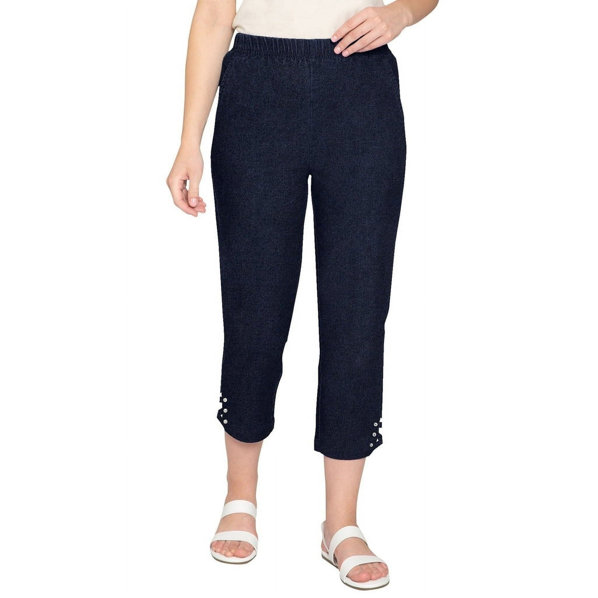 Women's Capris with Studded Hem Detail in Tri-Blend Denim and Twill with Angled side Pockets